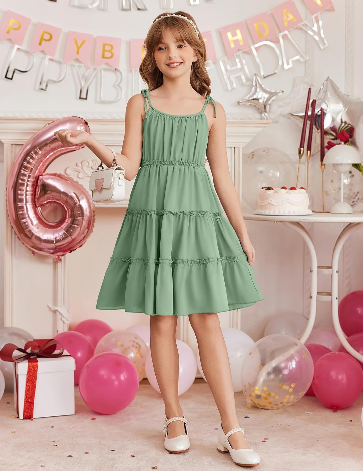 Arshiner Girls' Summer Sundress Boho Spaghetti Strap Ruffled Tiered Dresses Casual Midi Cami Dress