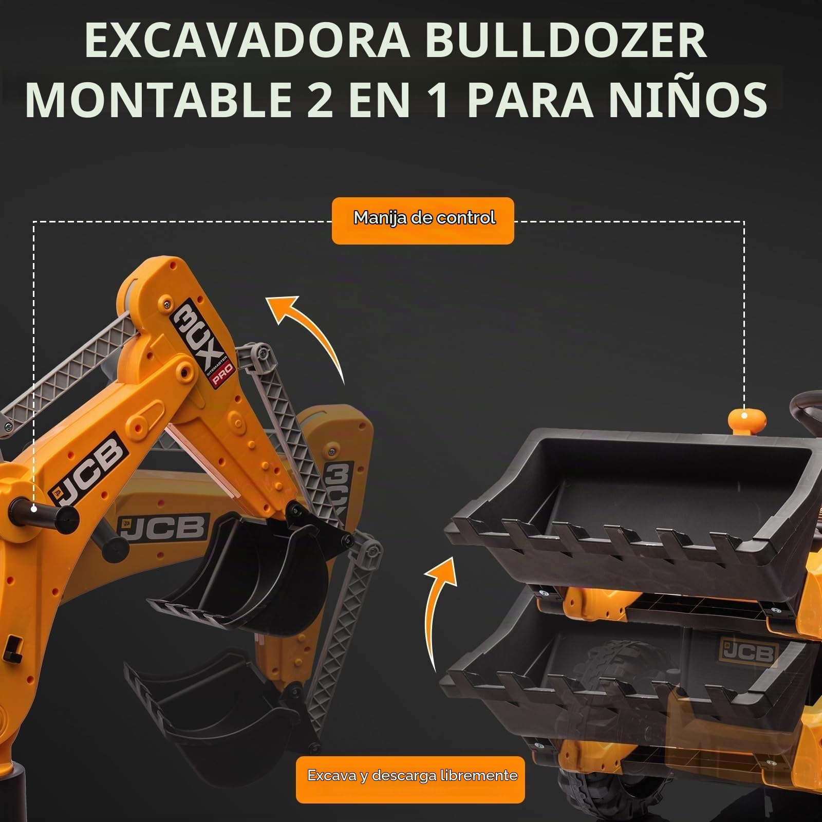 4 en 1 Excavadora para Niños 12V (Amarillo) | Vehículo Eléctrico Infantil con Control Remoto, Pala/Cargador Frontal, Brazo Excavador, Bocina y Asiento Ajustable