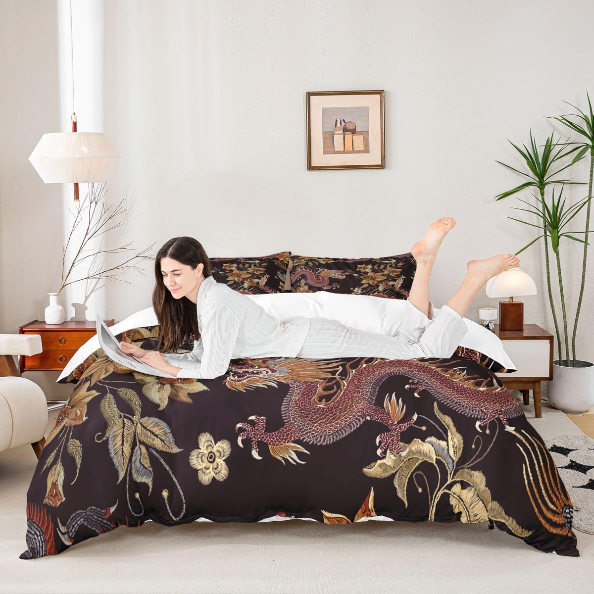 Boys Dragon Duvet Cover Golden Exotic Floral Bedding Set for Kids Teens Chinese Heritage Historical Eastern Motif Comforter Cover Vermilion Black Bedspread Cover Bedroom Collection 3Pcs Queen Size
