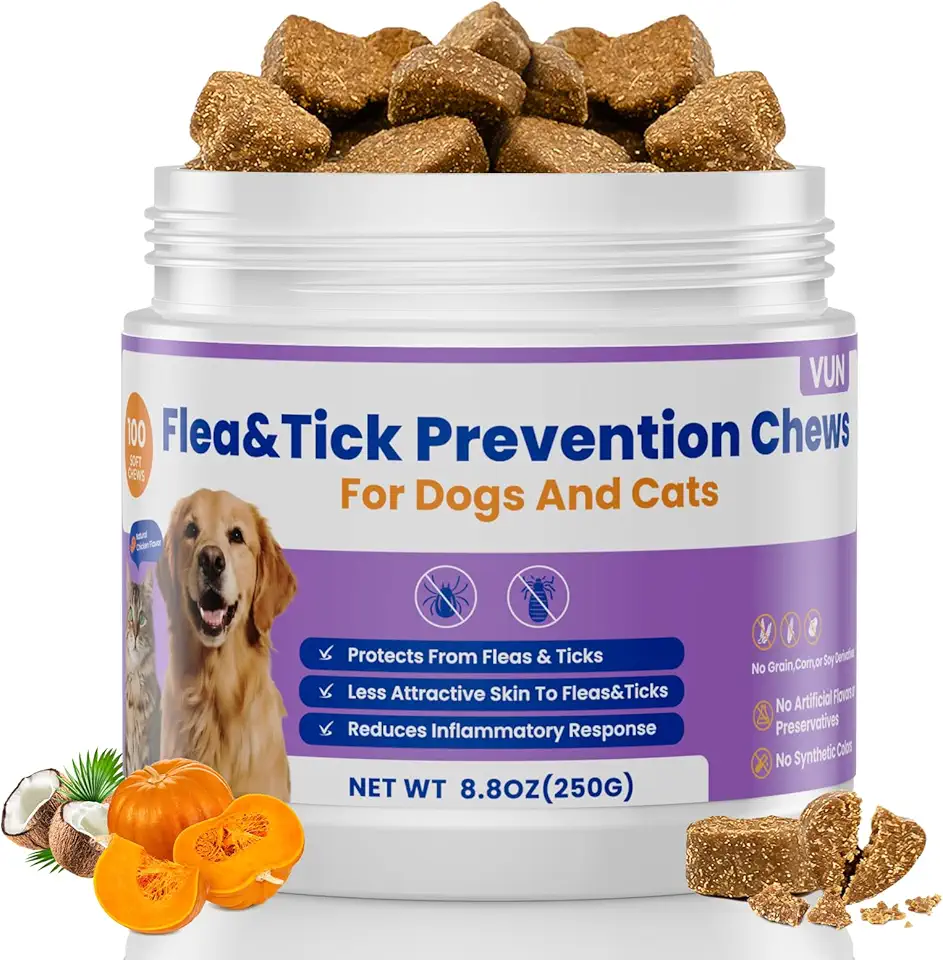 VUN Dog Flea and Tick Treatment Chewable,Natural Oral Flea Treatment for Cats,Relieve Itching&amp; Biting,Flea Tick Prevention for Dogs Chews Supplement for Skin&amp;Coat, Small Large Dog,100 Counts