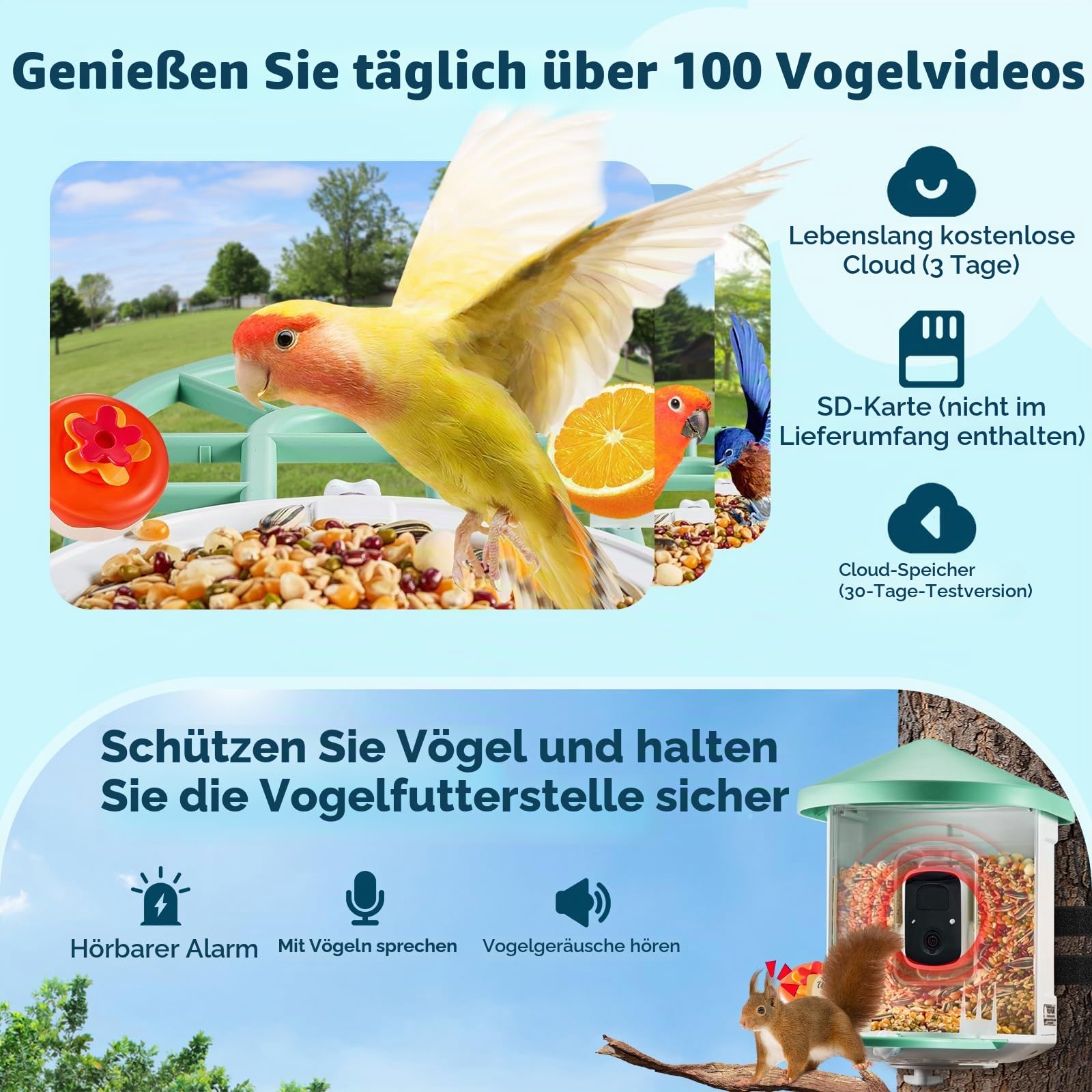 VEVOR Vogelfutterhaus mit Kamera 2K HD KI Vogelerkennung über 10.000 Vogelarten solarbetriebene Vogelbeobachtungskamera mit automatischer Aufnahme und sofortiger Benachrichtigung (1 Solarmodule) Grün