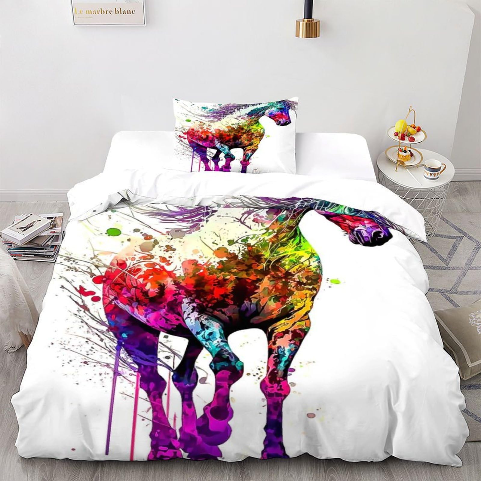 Housse de couette cheval 135x200 avec taie d'oreiller lit simple en microfibre