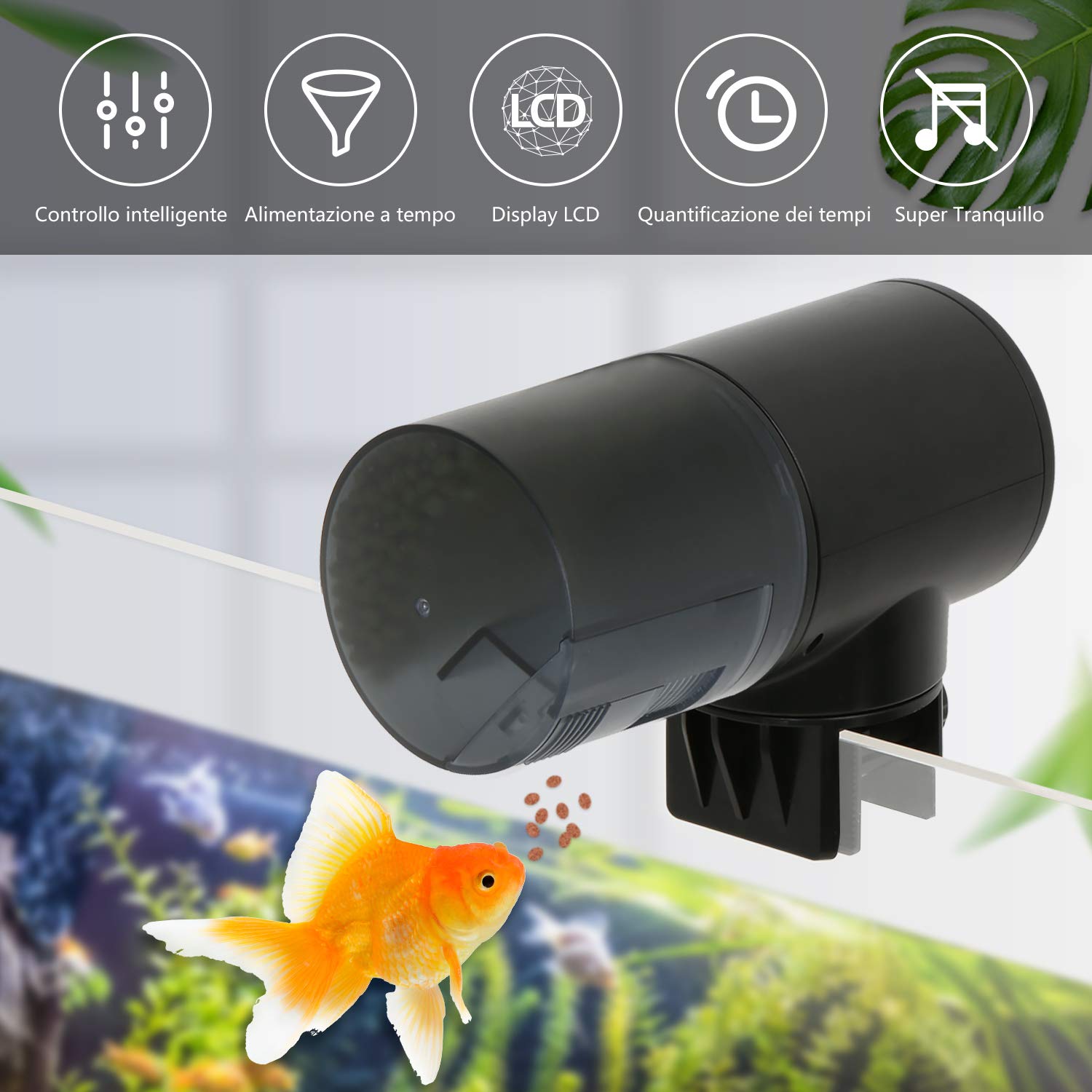 Mangiatoia Automatica per Acquario, Distributori di Cibo per Pesci Tartarughe con Display LCD, capacità di Serbatoio 200mL , Impostazione del Tempo di Mangime