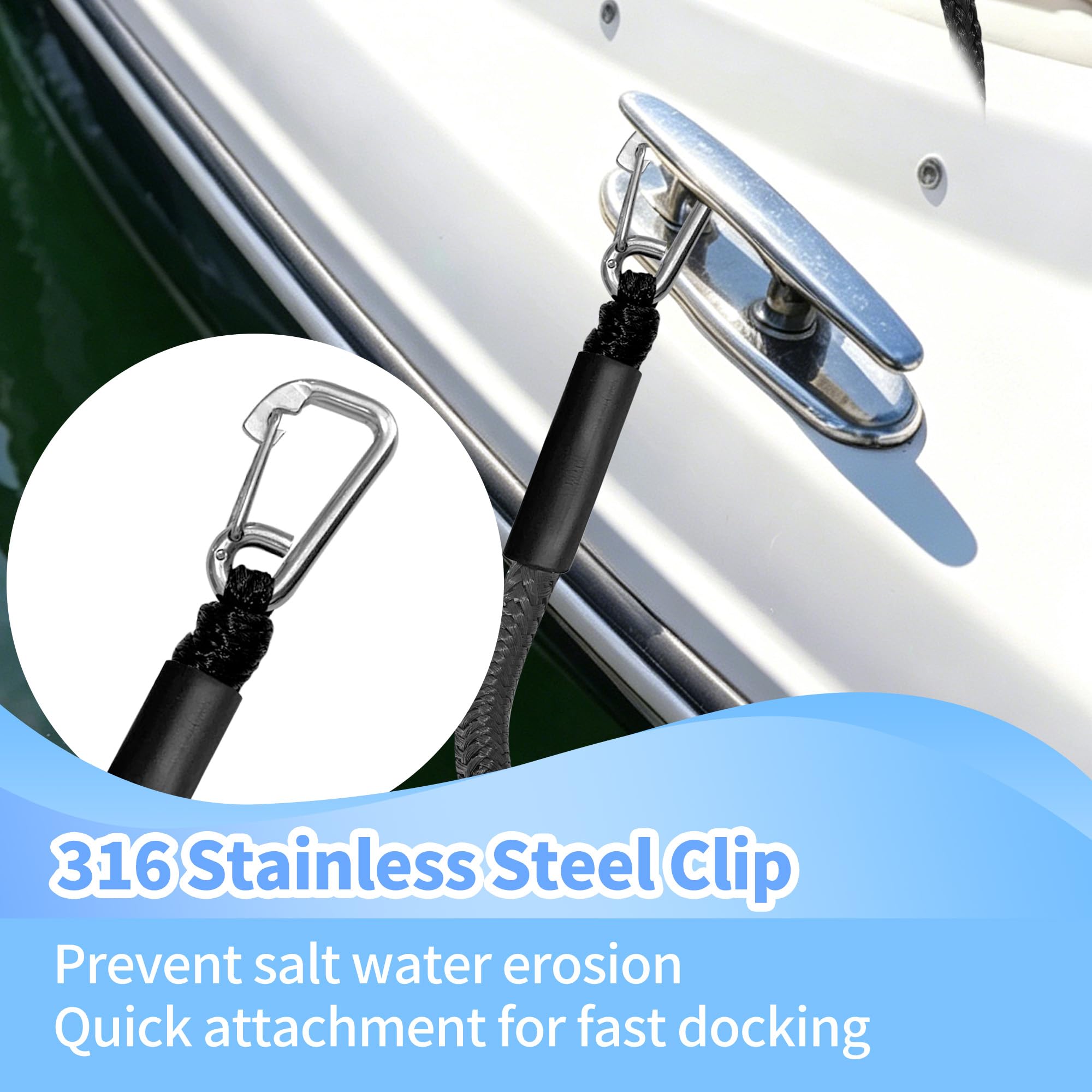 Bungee Boots-Dockleine, dehnbares Festmacher-Seil, Bungee-Docking-Seil, Bungee-Seil, Docking-Seil, 1,2 - 1,5 m mit Clip und Schaumstoff-Schwimmer, 2 Stück, Schwarz