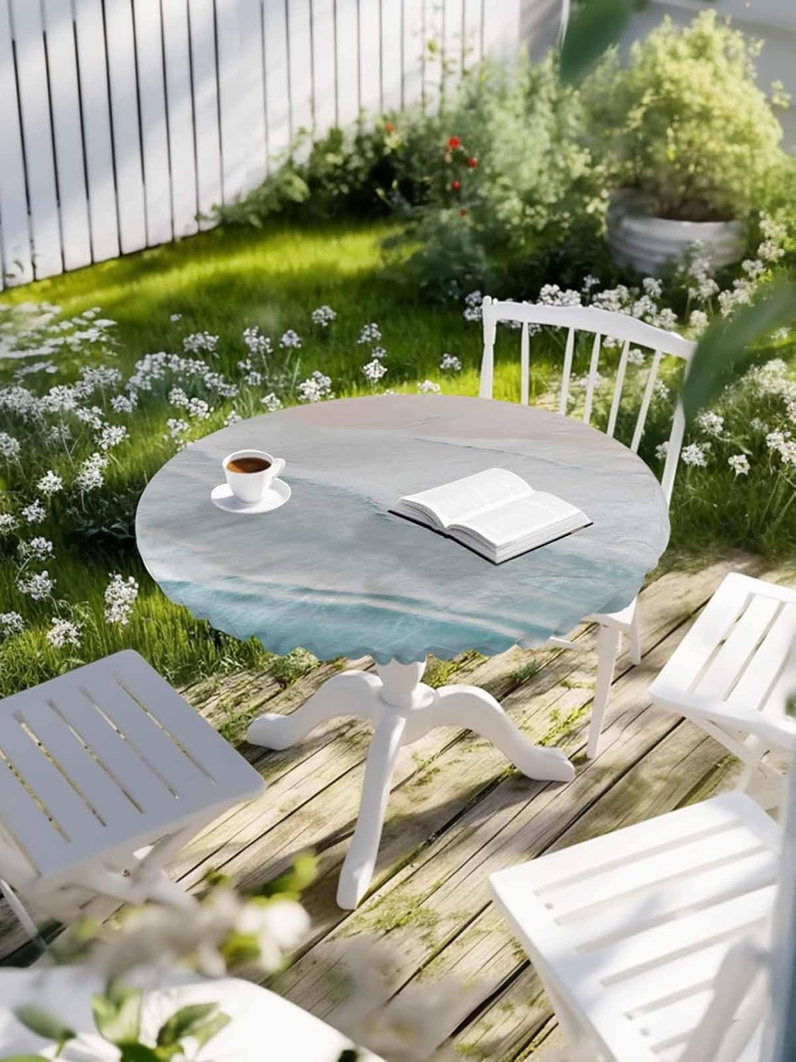 Summer Beach Round Tablecloth, Ocean Coastal Fitted Table Cover with Elastic for 55"-60" Round Tables, Nautical Sea Aqua Beige Table Cloth Indoor Outdoor Dinning Party Waterproof Tablecloths