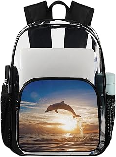Pardick Mochila transparente de PVC transparente para meninos e meninas Dolphin Sea Sunset Mochila transparente transparente para escola, trabalho, faculdade, estádio, esportes, viagens, segurança, Multicor, Large