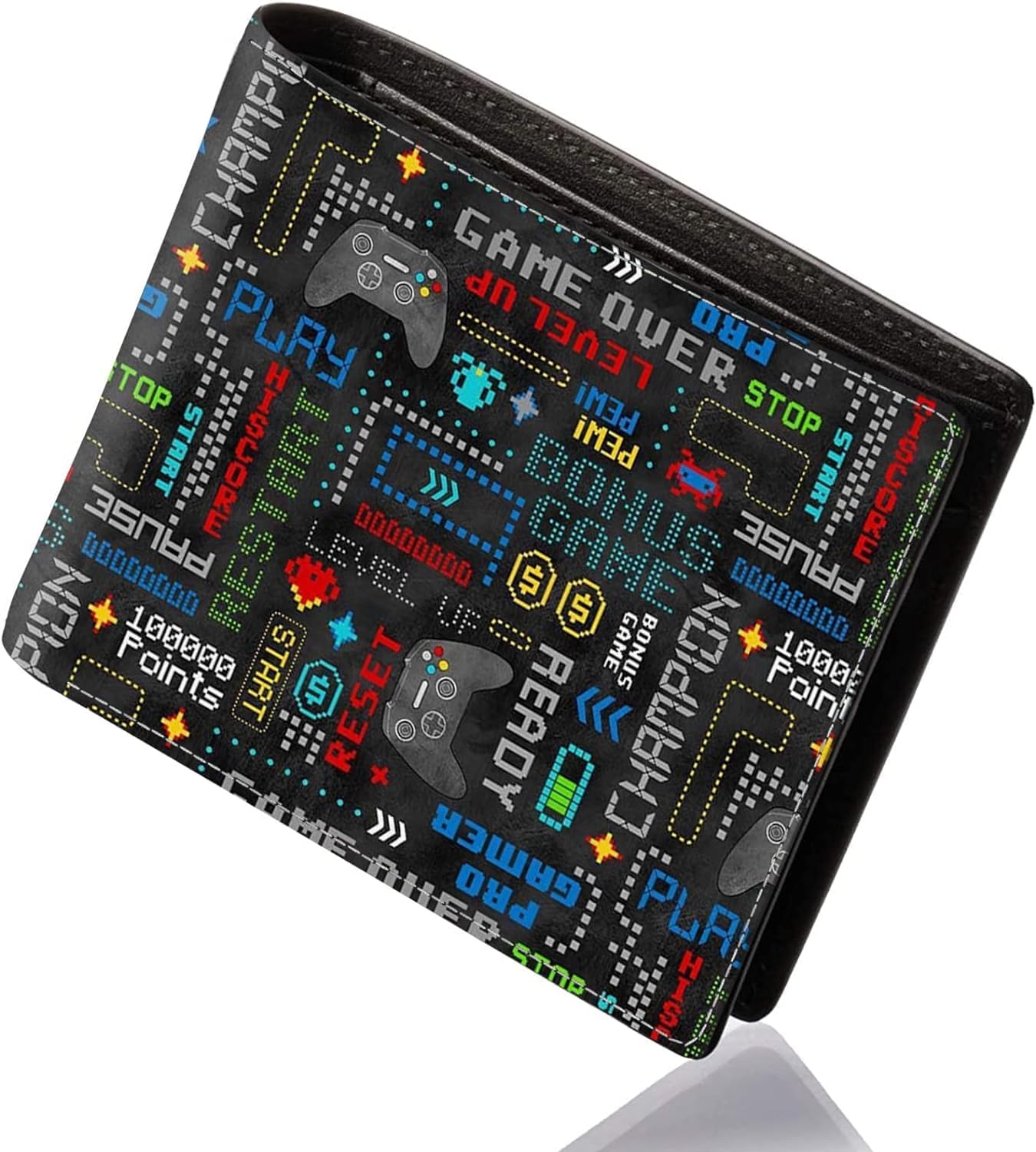 Gamer Teen Boys Wallet - Cool Wallet for Boys Video Game Design Slim Leather Bi-Fold Wallets with Coin Pocket Credit ID Card Cash Holder ID Window Black Purse Wallets for Boy Teens Youth Men Teenager,