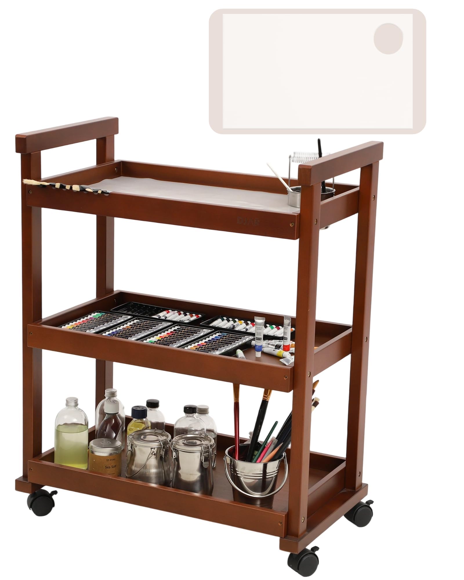 DJAR Rolling Art Supplies Cart, Solid Beech Wood 3-Tier Organiser Trolley with Castor Wheels, Utility Cart for Adults and Artists, Walnut (Upgrade)