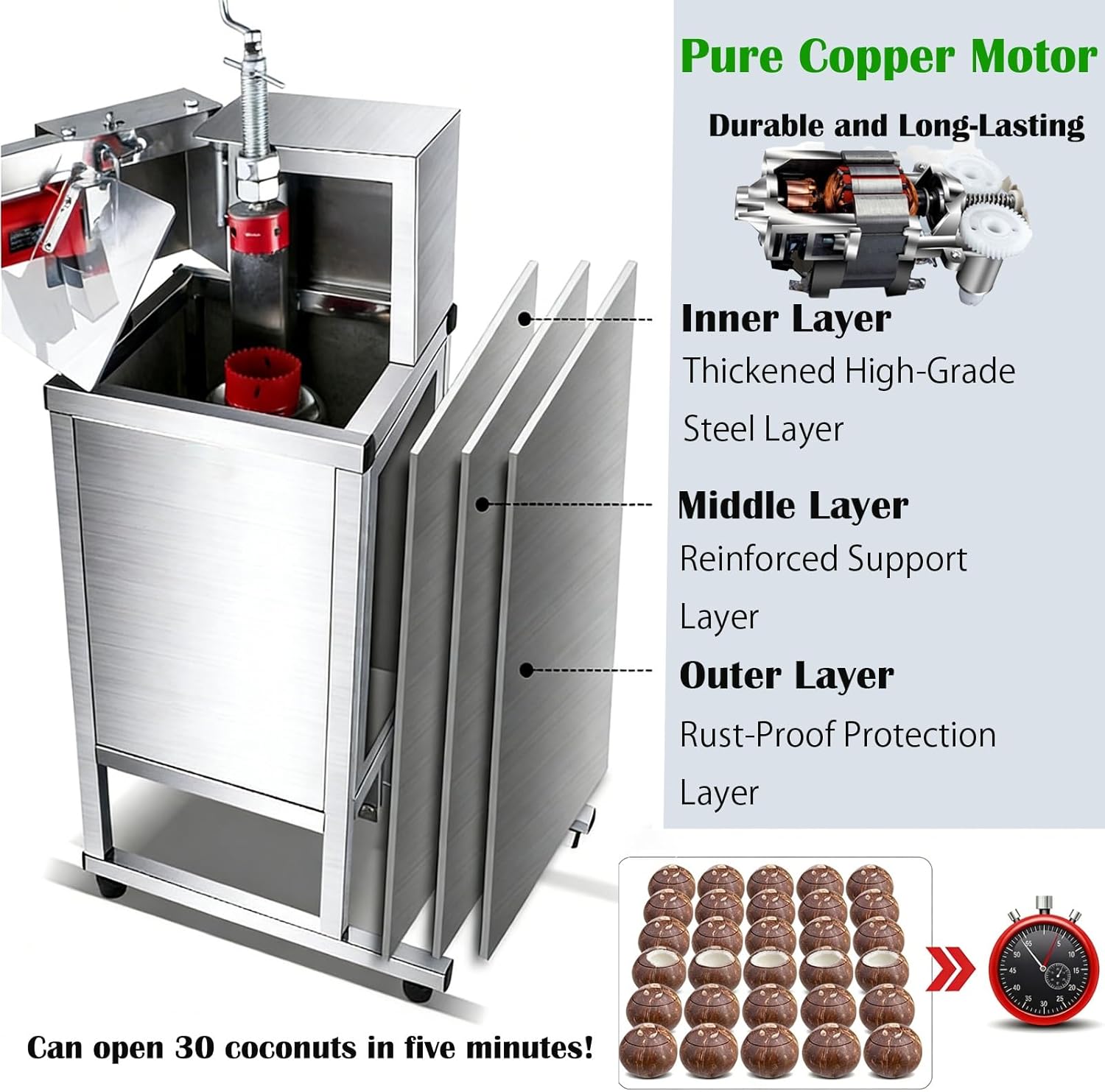 Electric Coconut Opener,Commercial Coconut Cutter,10500RPM,Adjustable Cutting Position and Depth,Equipped with Protective Baffle,Suitable for Various Types of Coconuts
