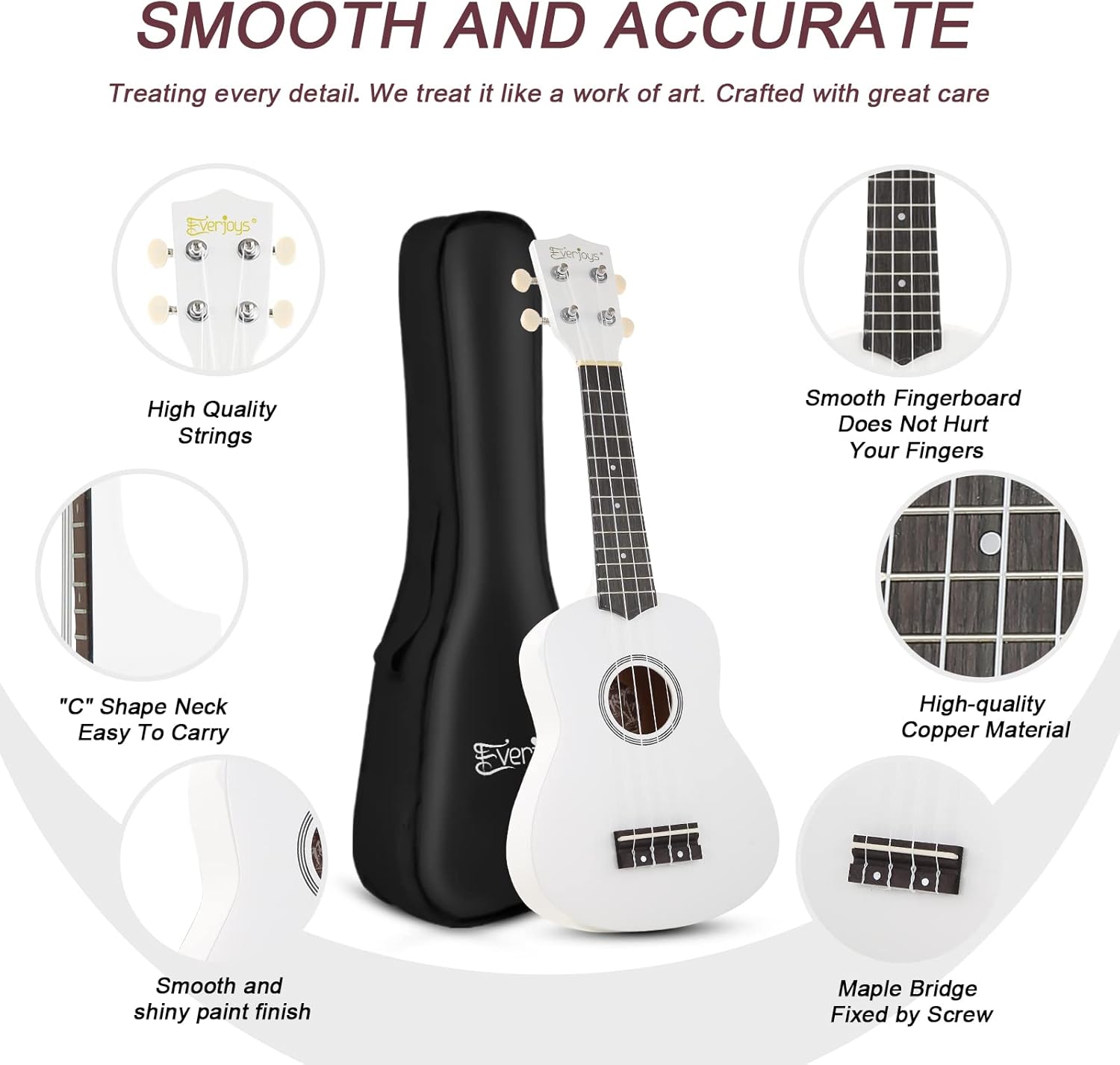 Everjoys Soprano Ukulele Beginner Pack-21 Inch w/Free Online Lesson Gig Bag Digital Tuner Pick All in One Kit (Shinny White）