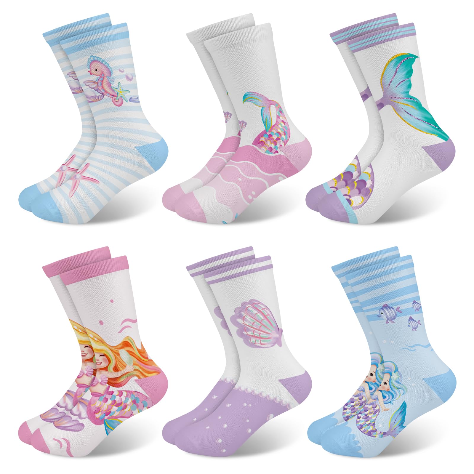 Queenshin Kids Girls Socks Novelty Princess Mermaid Fairy Butterfly Turtle Monkey Crew Ankle Socks Birthday Gifts 6 Pairs