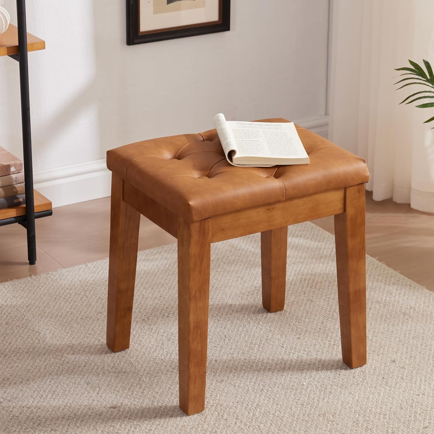 Upholstered Ottoman Stool with Padded Seat, Tufted Vanity Stool with Solid Wood Legs, Accent Stools, Faux Leather Cognac Brown