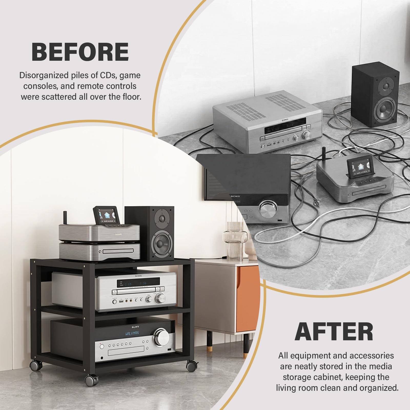 Supporto Stampante e Rack Audio Hi-Fi con Ruote, Carrello Multiuso a 3 Ripiani per Ufficio e Soggiorno, Tavolino Porta Stereo per Amplificatore e Giradischi, Struttura Robusta in Metallo, Nero