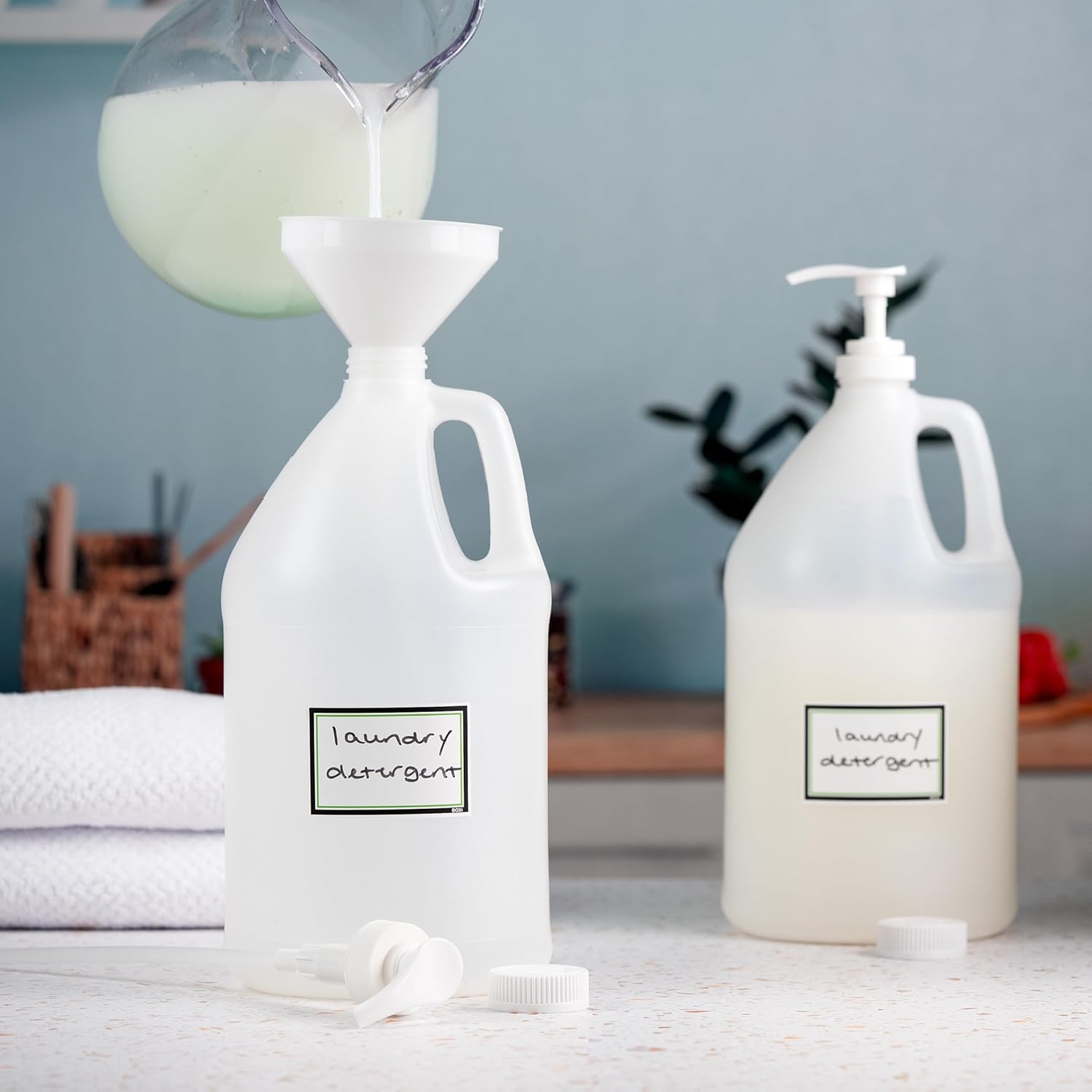 1 Gallon Jugs - Pack of 2 Plastic Jug Containers with 2x Child-Resistant Caps, 2x Bottle Pumps & Funnel | 128oz Reusable Food-Safe, BPA-Free Empty Gallon Jug for Water, Sauces, Liquids, Detergent (2)