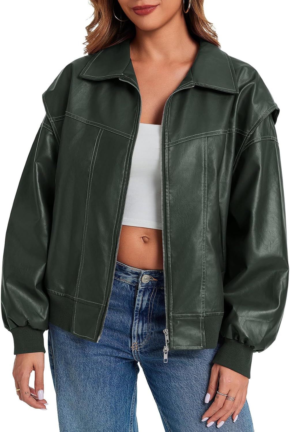 Tankaneo Womens Oversized Leather Bomber Jackets Cap Sleeve Zip Up Motorcycle Coats with Pockets - Image 3