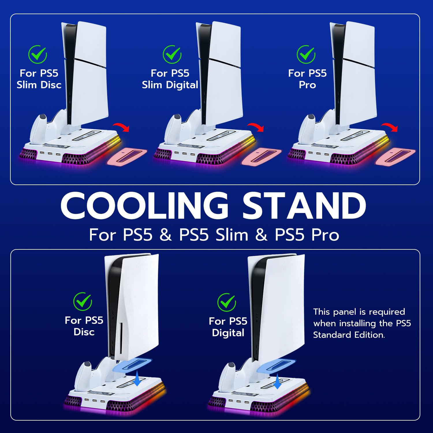 Uchwyt do PS5/ Slim/PS5 Pro, stacja chłodząca RGB z podwójnym kontrolerem, 3-biegowy wentylator chłodzący ze słuchawkami i 3 portami USB - biały