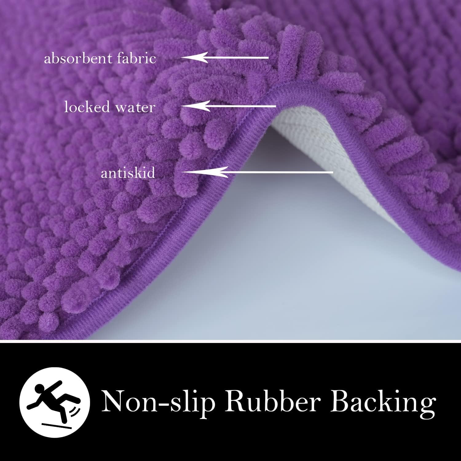 Bathroom Rugs Chenille Bath mat 3 Piece Set, Super Absorbent, Strong PVC Non Slip Backing, Bath mats for Bathroom, Plush Shaggy, Thick, Machine Washable, Bathtub, Shower, Toilet, Violet