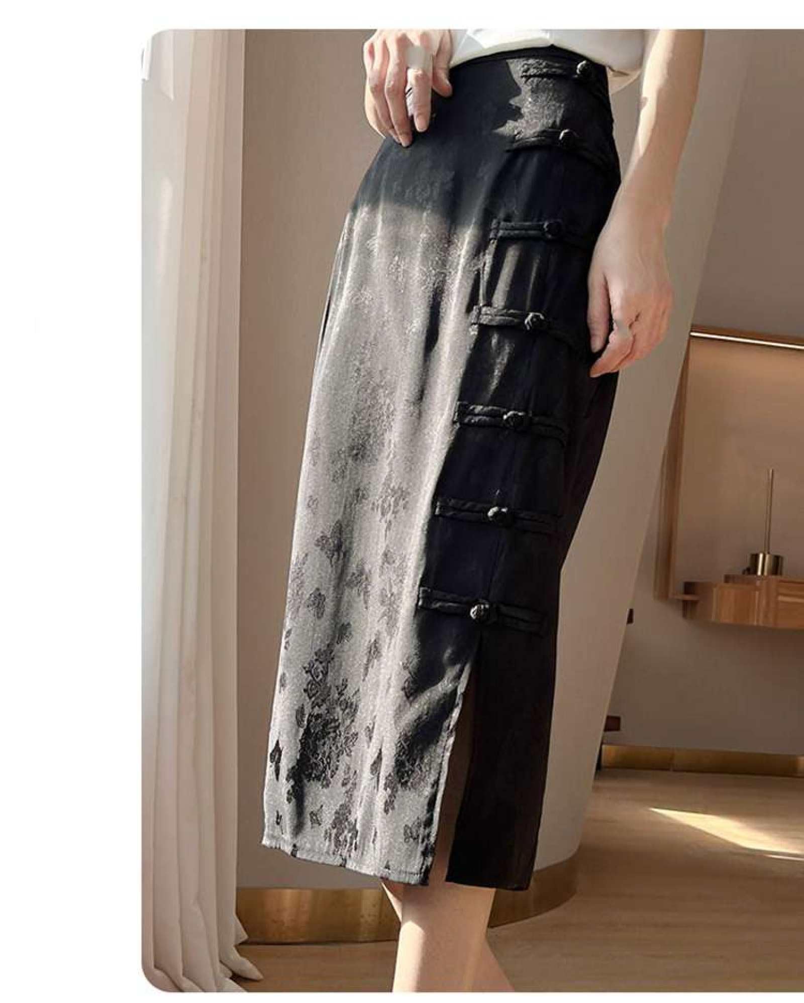 Jupe Droite en Satin De Soie pour Femme - Été Mi-Longue Taille Haute Jacquard Rétro Style Chinois Boucle Cheongsam Jupe Fendue À La Hanche, Jupe Drapée Souple Et Soyeuse À La Mode,Noir