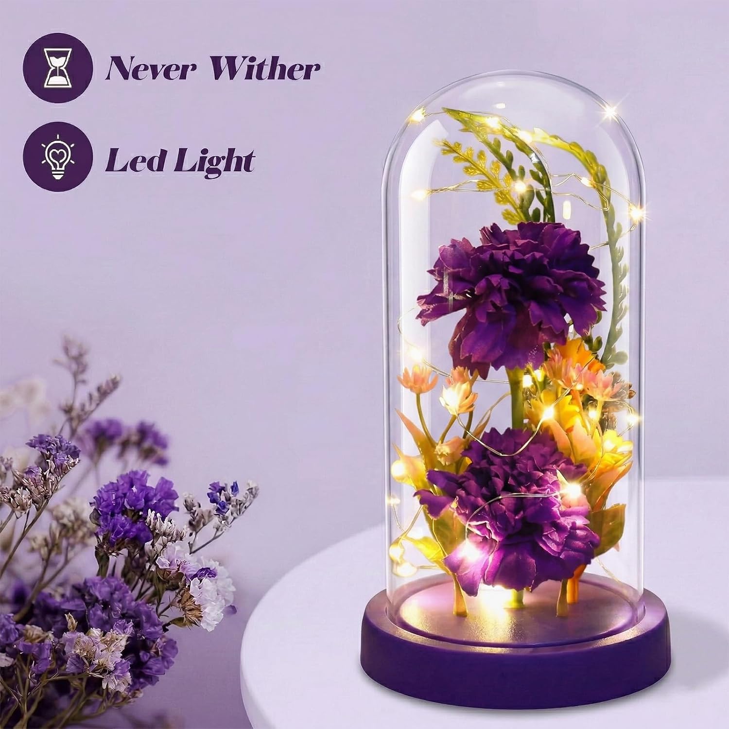Galaxy Glass Carnation Forever Preserved Flower with Light, Valentines Day Birthday Gift for Women, Mom, Wife, Girlfriend, Light Up Carnation in Glass Dome for Mothers Day