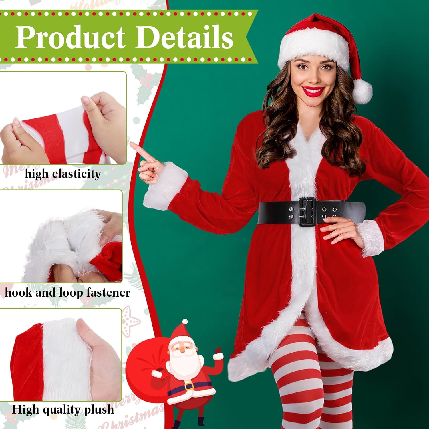 Sureio 4 Pcs Mrs Santa Claus Costume Women Christmas Dress Suit Cosplay Velvet Outfit with Belt Hat Striped Tights Elf Ears - Image 2