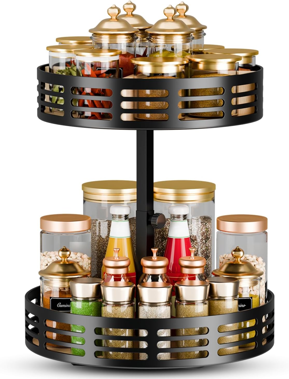 2 Tier Lazy Susan Organizer - 360° Rotating Spice Rack, Adjustable Industrial Spinning Spice Holder, Versatile Countertop Organizer for Cabinet, Pantry, Kitchen, Dining Table, Bathroom and Vanity