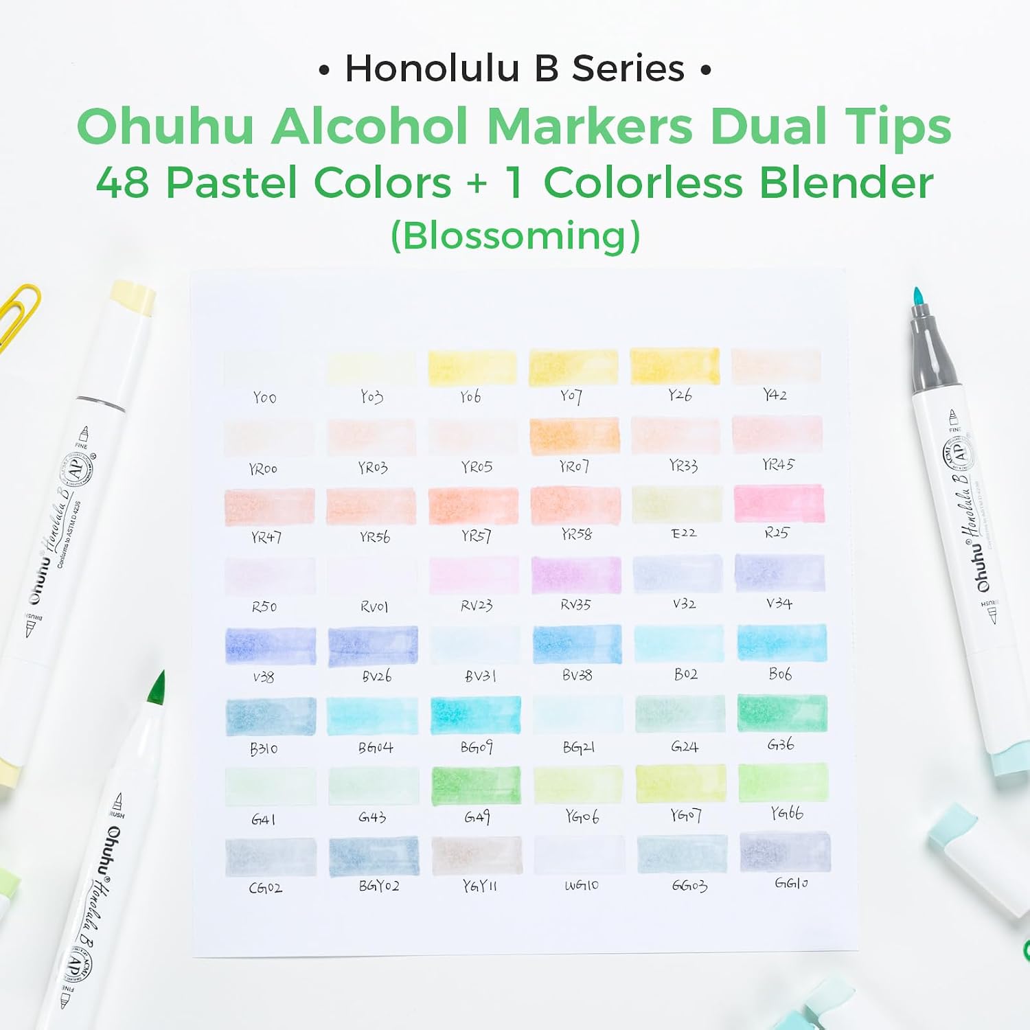 Ohuhu Pastel Alcohol Brush Markers - 48 New Pastel Colors - Blossoming - Alcohol Based Double Tipped Art Alcohol Markers for Artist Adults' Coloring Illustration - Brush & Fine Dual Tips - Honolulu B
