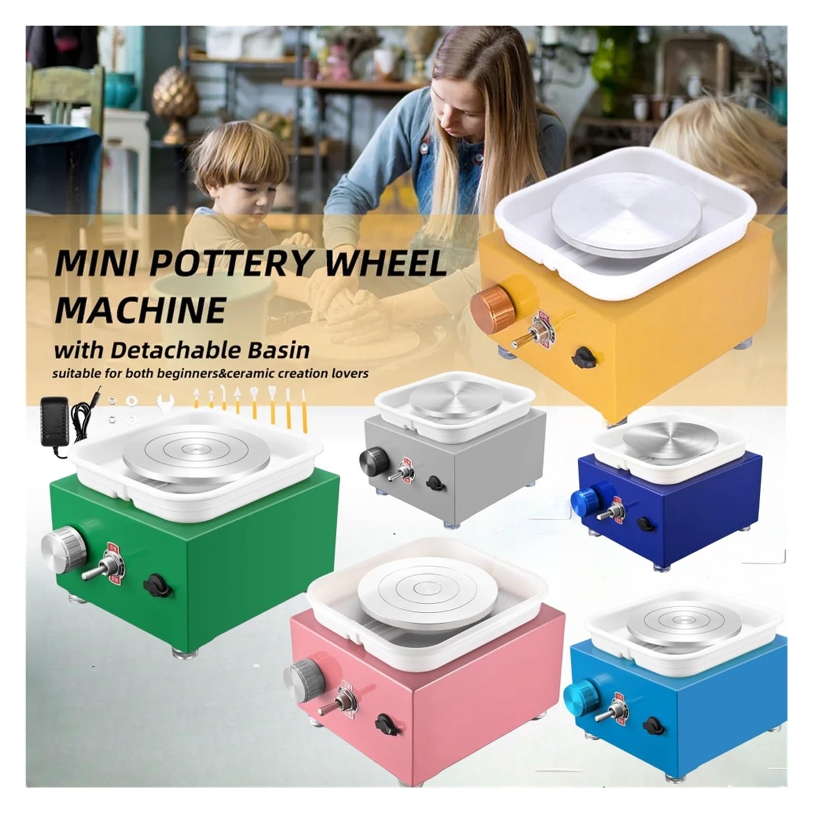Mini-Töpferscheibenmaschine mit Drehteller + Bildhauerset, elektrische Töpferscheibe, Keramik-Tonwerkzeug, Töpferei-Töpferausrüstung(Green)
