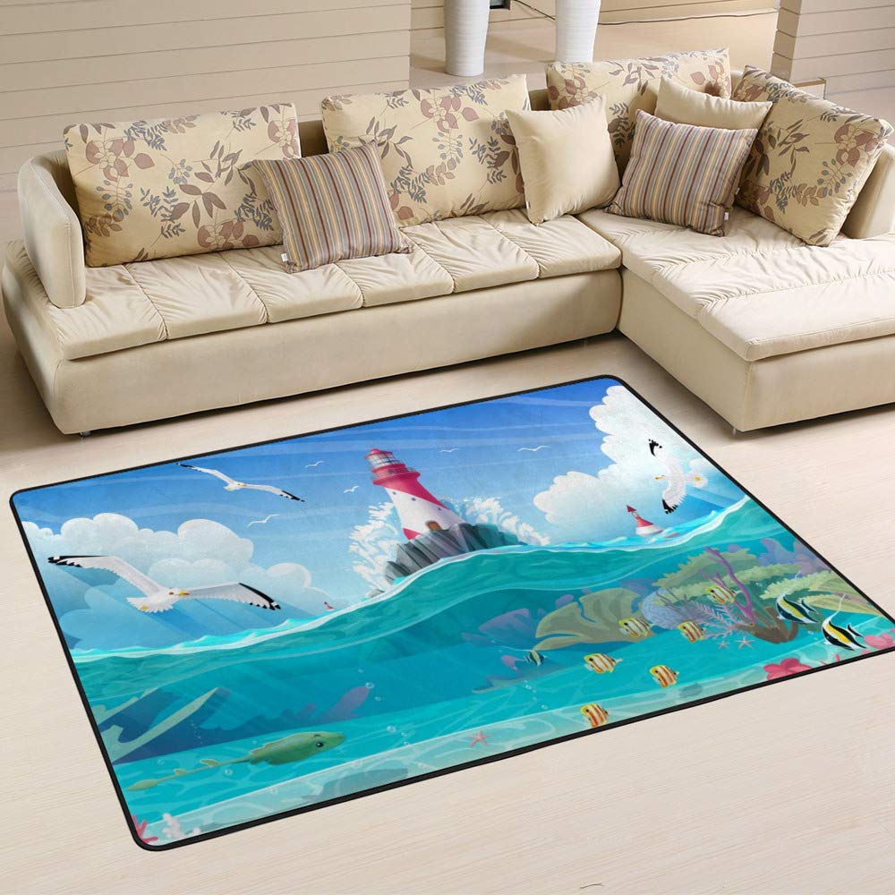 Tapis motif phare et port marin durable aux finitions soignées pour grand salon