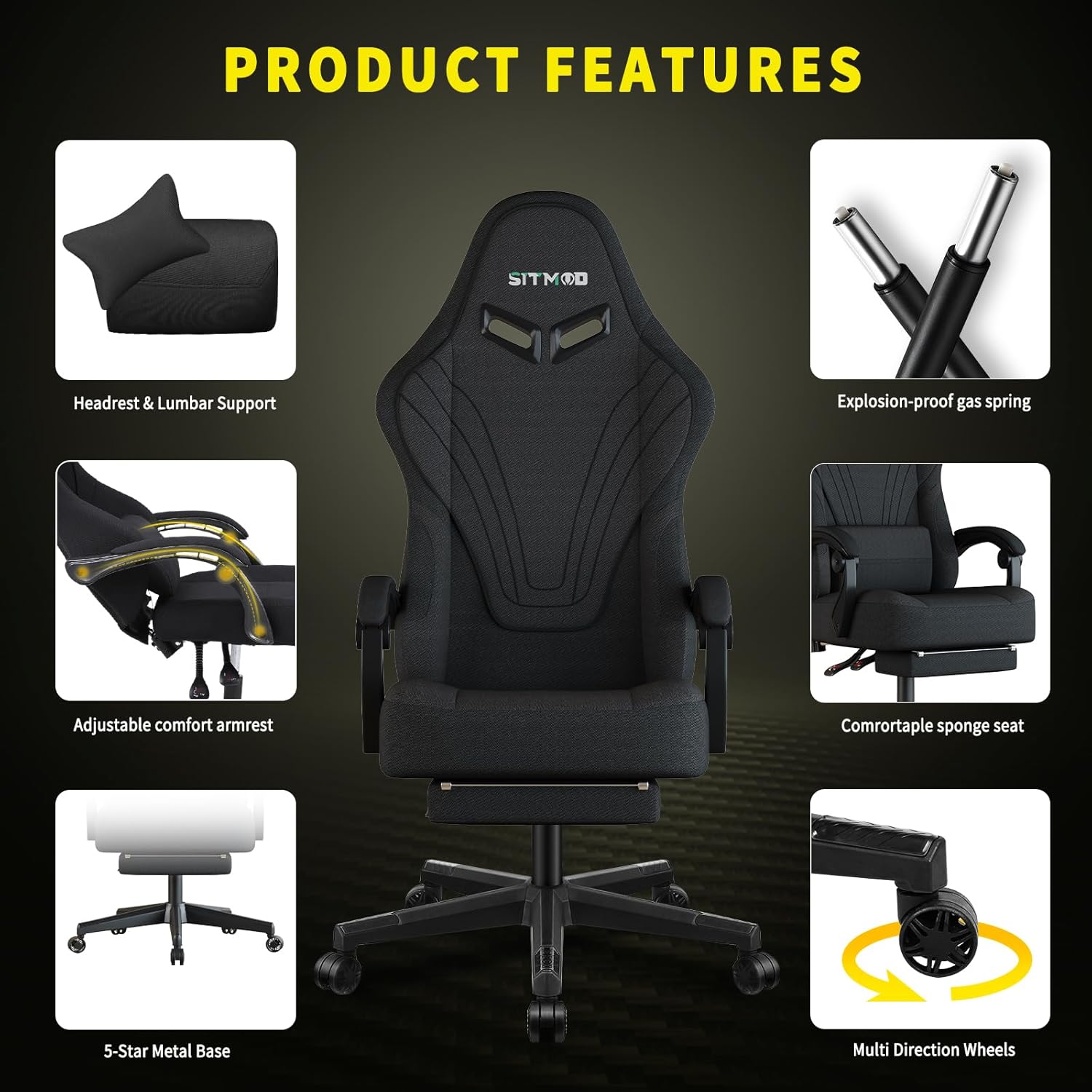 Diagram showing various components of the gaming chair including headrest, lumbar support, gas spring, adjustable armrest, sponge seat, 5-star metal base, and multi-direction wheels.