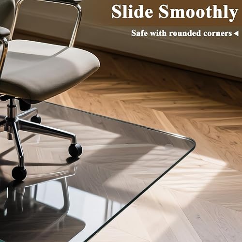 Vista 17 de Tapete para silla de 46 x 46 pulgadas – Vidrio templado redondo resistente para suelo duro, tapete para silla de oficina, suelo de computadora con 4