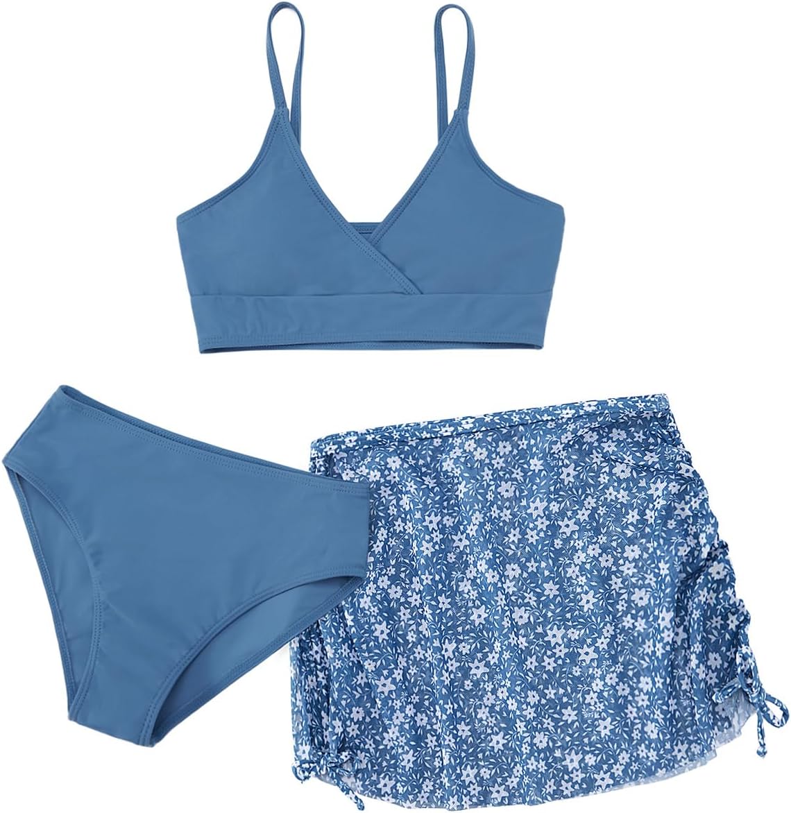 URMAGIC Girls 3 Piece Swimsuits Bathing Suit Cute Ruffle Floral Print Bikini Set with Skirt Kids Swimwear Size 9-14 Years