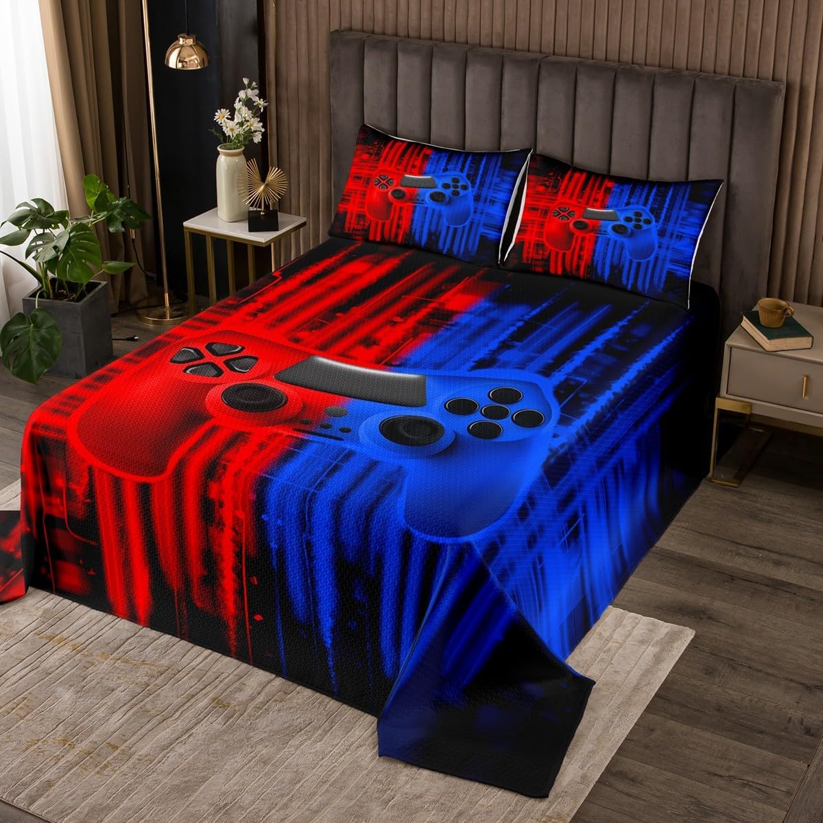 Erosebridal Red Blue Gamer Coverlet Set Queen Size for Boys Gaming Bedspread Sets for Kids Men Game Console Bedroom Decor for Game Room Decor with 2 Pillow Cases Bedroom Decor