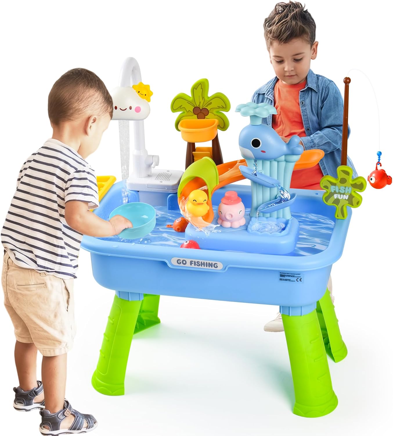Hanyutom 2026 Upgraded Toddler Water Table with Electric Pump, Faucet, Fishing & Kitchen Toys for Kids 3+ (Blue)