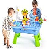 2026 Upgraded Toddler Sand Water Table Toy with Electric Water Pump, Kids Sand Water with Faucet/Play Food Accessories/Fishing Toy, Kitchen Play Sink Toys for Girl Boy Age 3+ (Blue)