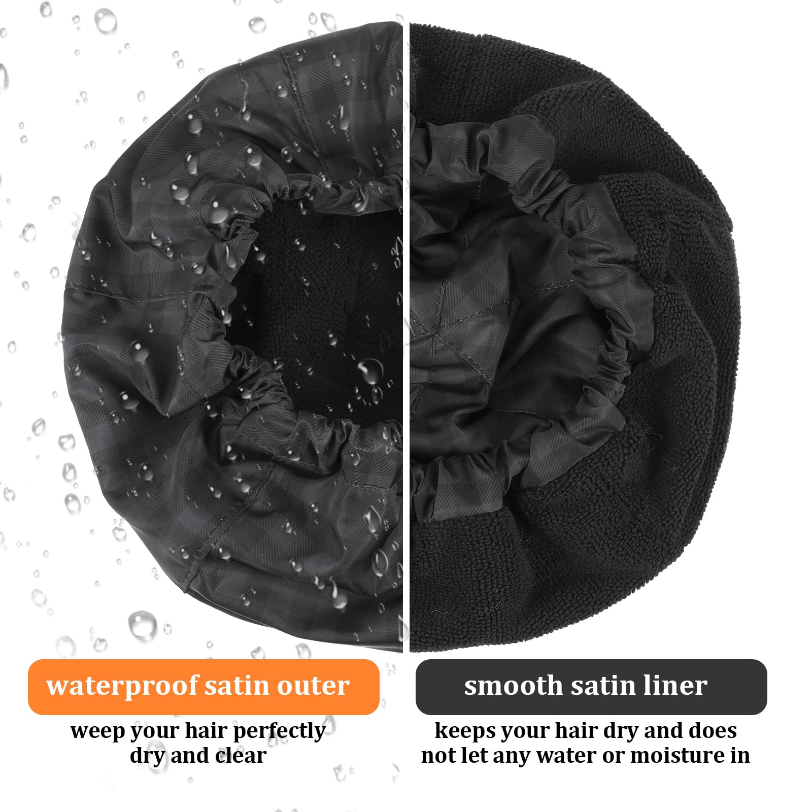 Ymapinc Large Shower Cap Men, Reusable Waterproof Black Shower Cap, Adjustable Reversible Terry Lined, Elastic Band - Image 3