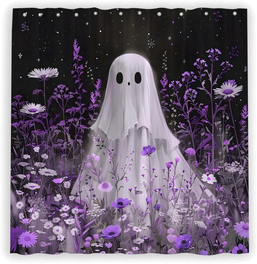 Ghost Floral Shower Curtain Halloween Spooky Black Starry Sky Cartoon Ghost Purple Daisy Floral Leaves Wildflower Rustic Plant Leaf Botanical Nature Garden Polyester Fabric Bathroom Curtain with Hooks
