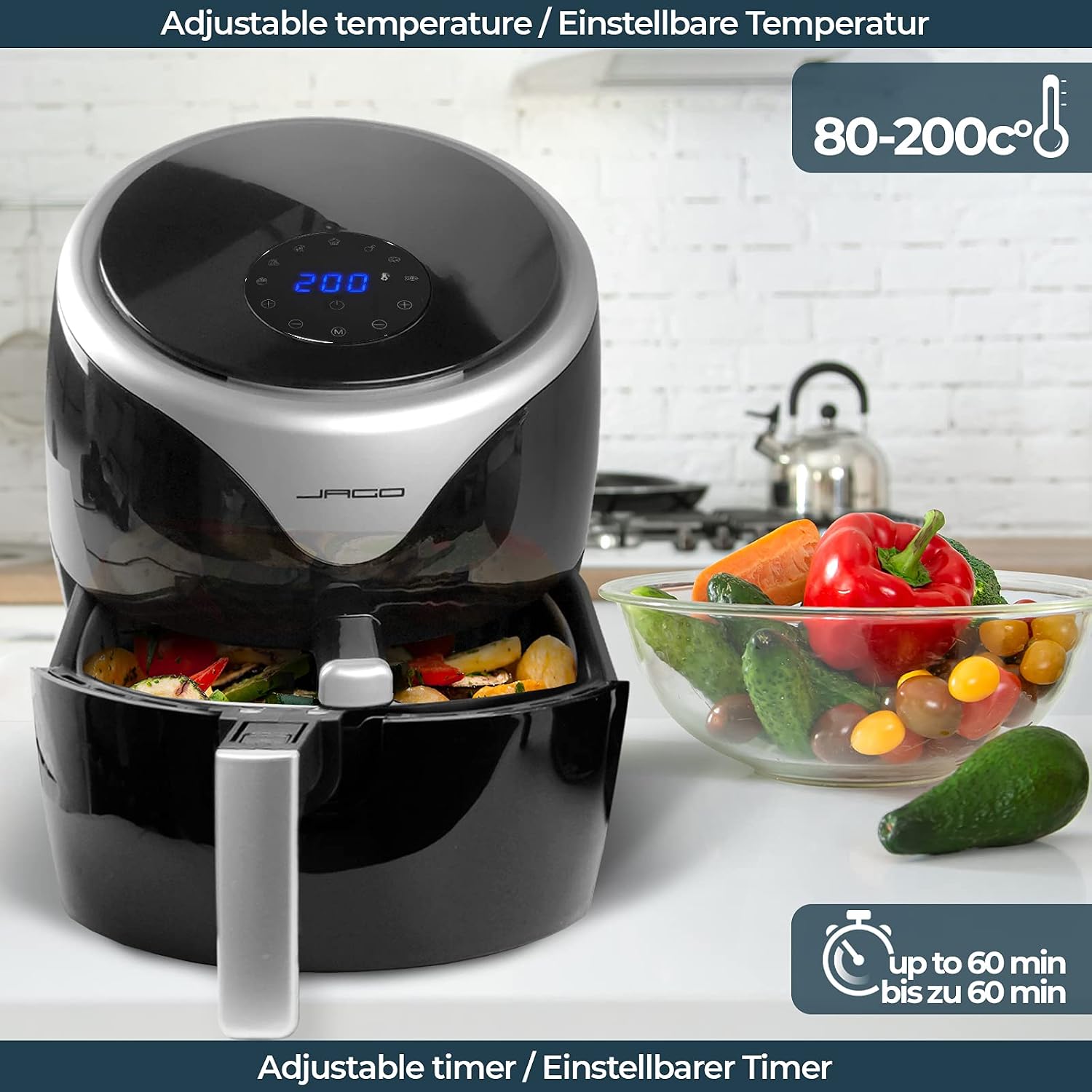 Jago® XXL 7in1 Forno ad Aria Calda 5.5l - 1700 W, 7 Programmi, Temperatura  e Timer Regolabili, LED Display, Antiaderente, senza Olio - Friggitrice ad  Aria Calda, Air Fryer : Amazon.it: Casa e cucina