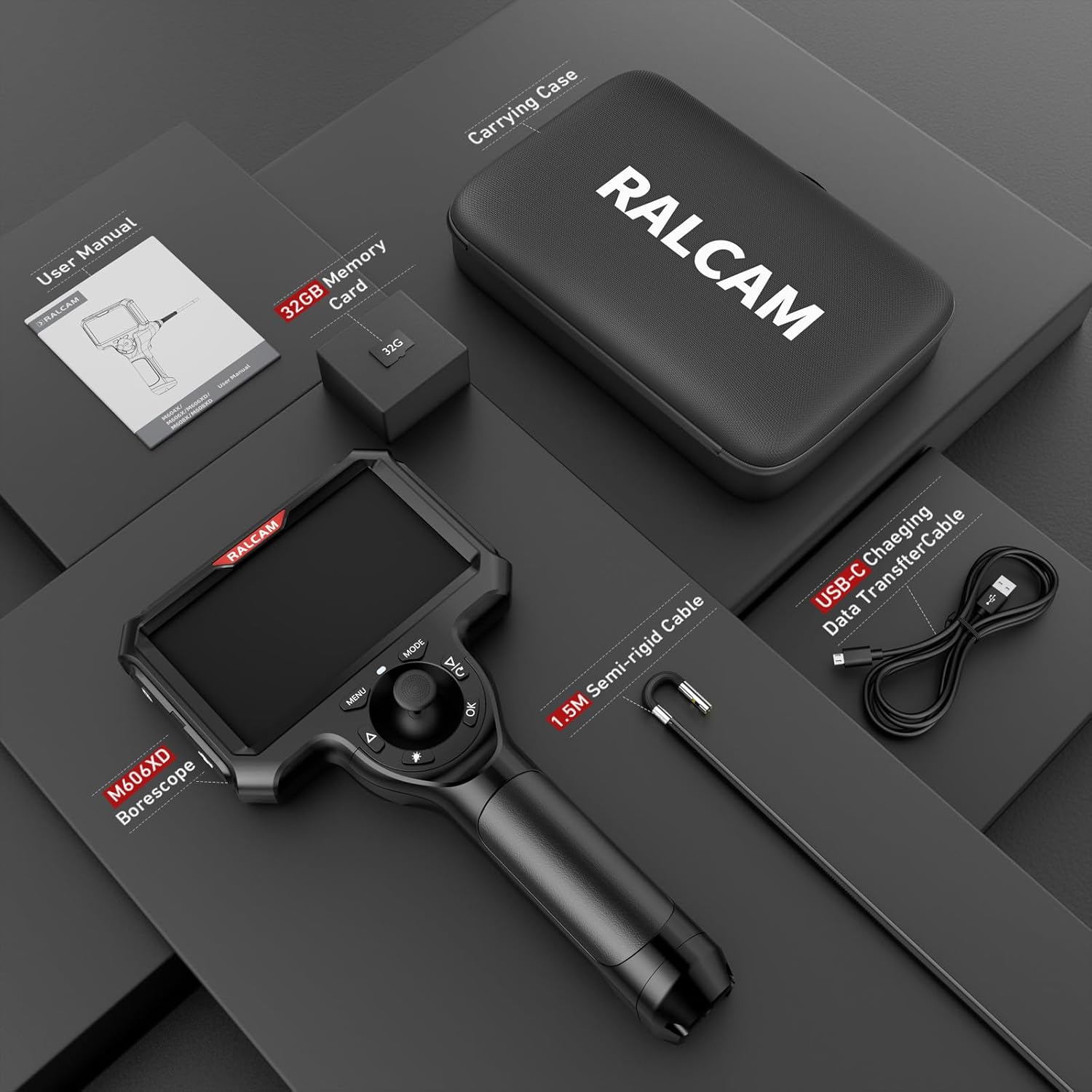 Contents of the Ralcam Borescope package including the main unit, probe, cables, SD card, and user manual in a carrying case.