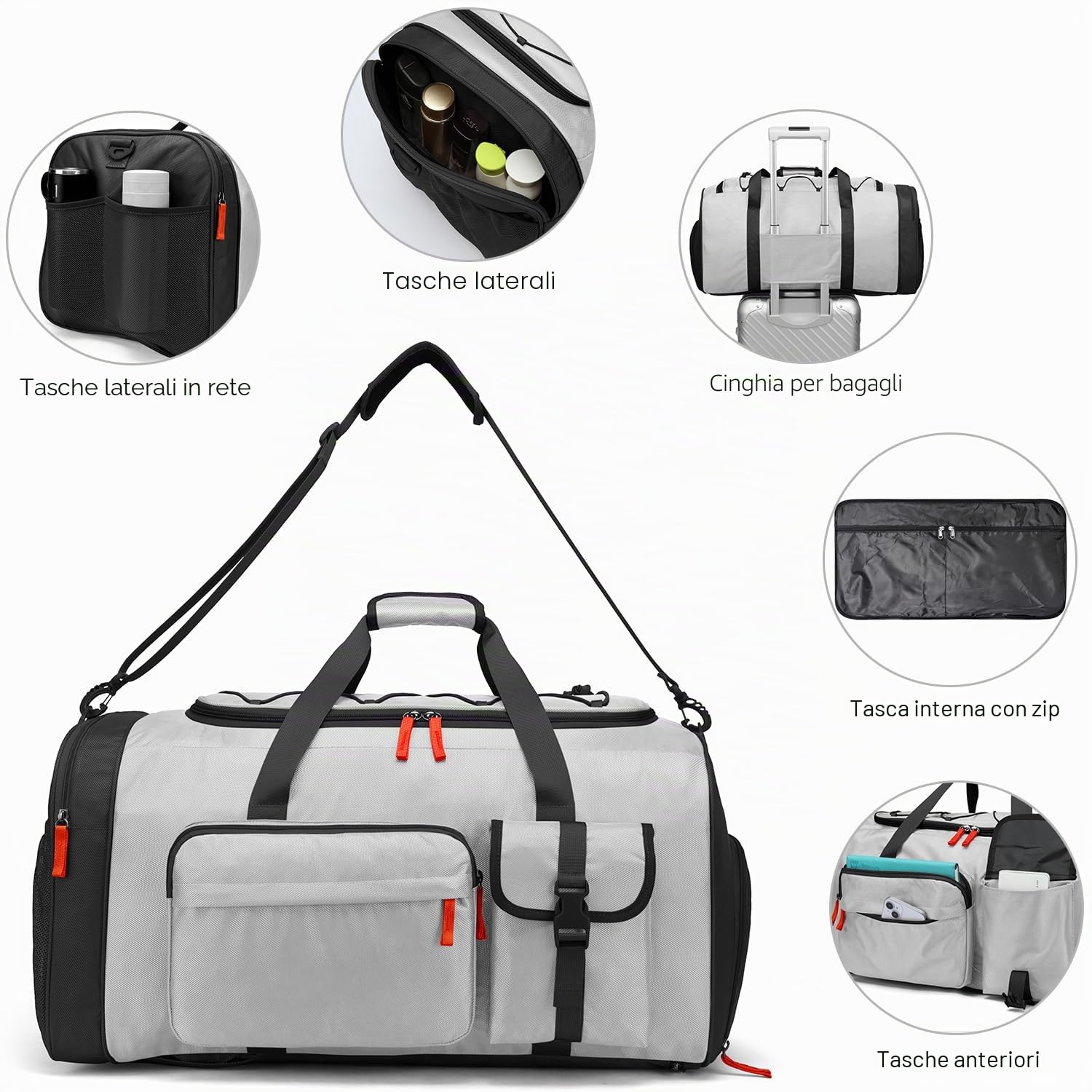Borsone Palestra Uomo Donna 70L Borsa Sportiva Viaggio Grande con Porta Scarpe e Funzione Zaino per Fitness, Sport, Viaggi, Grigio
