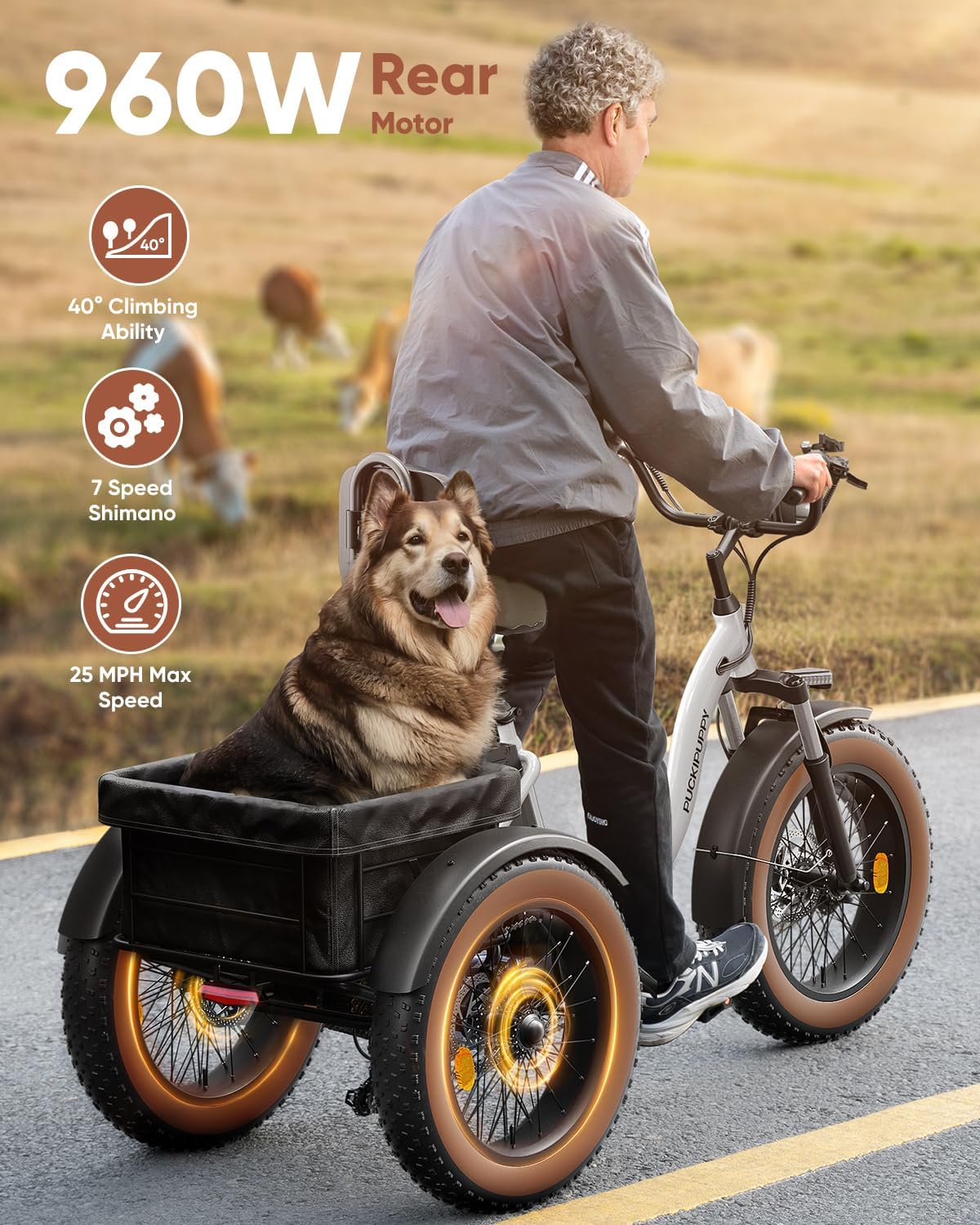 Electric Tricycle for Adults, 55 Miles Range Cargo Tricycle with Large Basket, 960W Max Rear Motor Electric Trike with 48V 648Wh Battery, 20" 6061 Aluminum Folding Ebike Frame, 25MPH 3 Wheel Alaskan