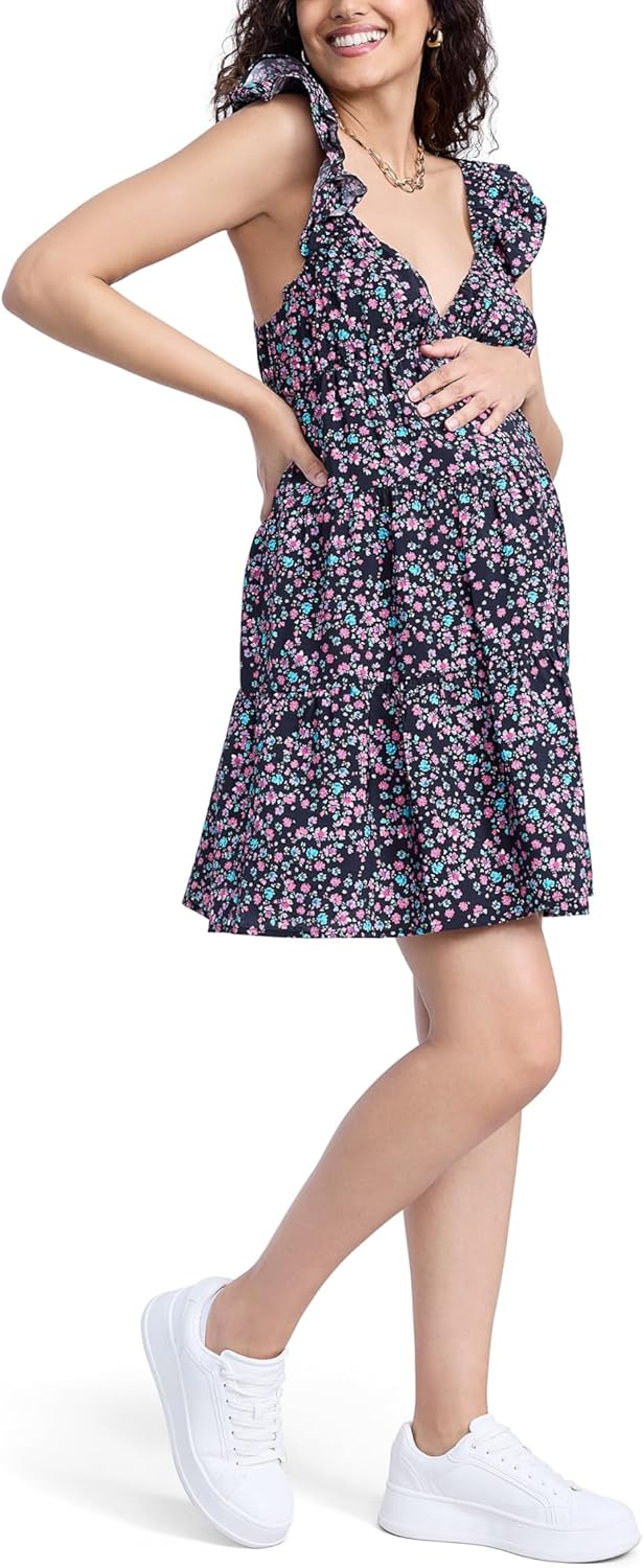 Motherhood Maternity Women's Short Flutter Sleeve Tiered Pregnancy Dress
