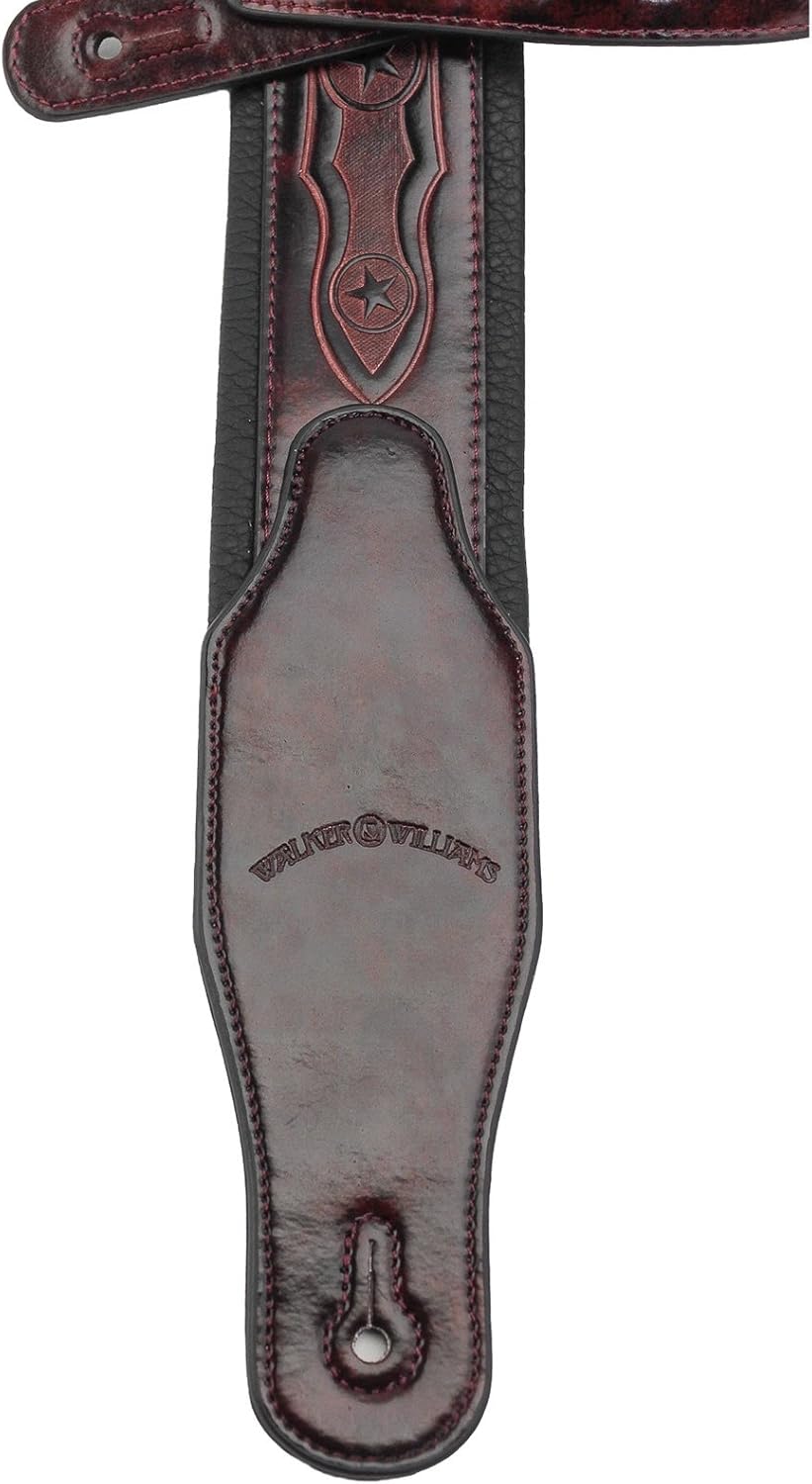 Walker & Williams GB-163 Oxford Brown Handmade Padded Guitar Strap with Oak Leaves & Texas Star Tooling For Acoustic, Electric, And Bass Guitars