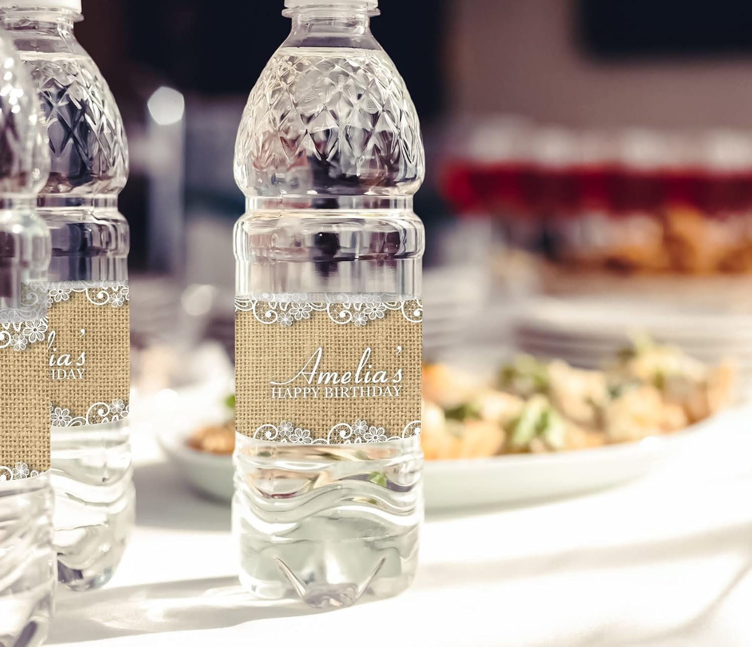 Darling Souvenir Rustic Burlap Print Water Bottle Labels, Self Adhesive Birthday Party Personalized Water Bottle Label for Birthday Party Supplies, Water Bottle Stickers for Birthday - Pack of 32