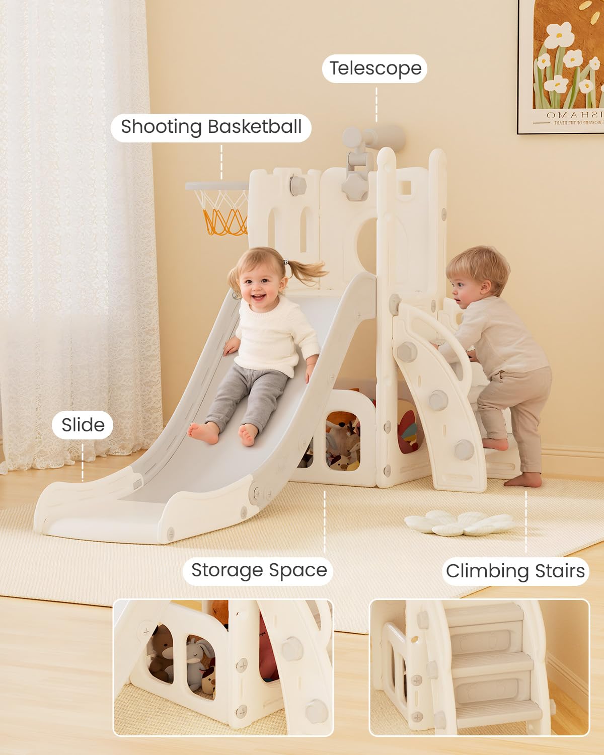 Kinder Rutsche, 5-in-1 Indoor Outdoor Rutsche, Kinderspielplatz mit Basketballkorb, Ablage und Teleskop, Spielplatz für Kinder ab 1 Jahr, Grau