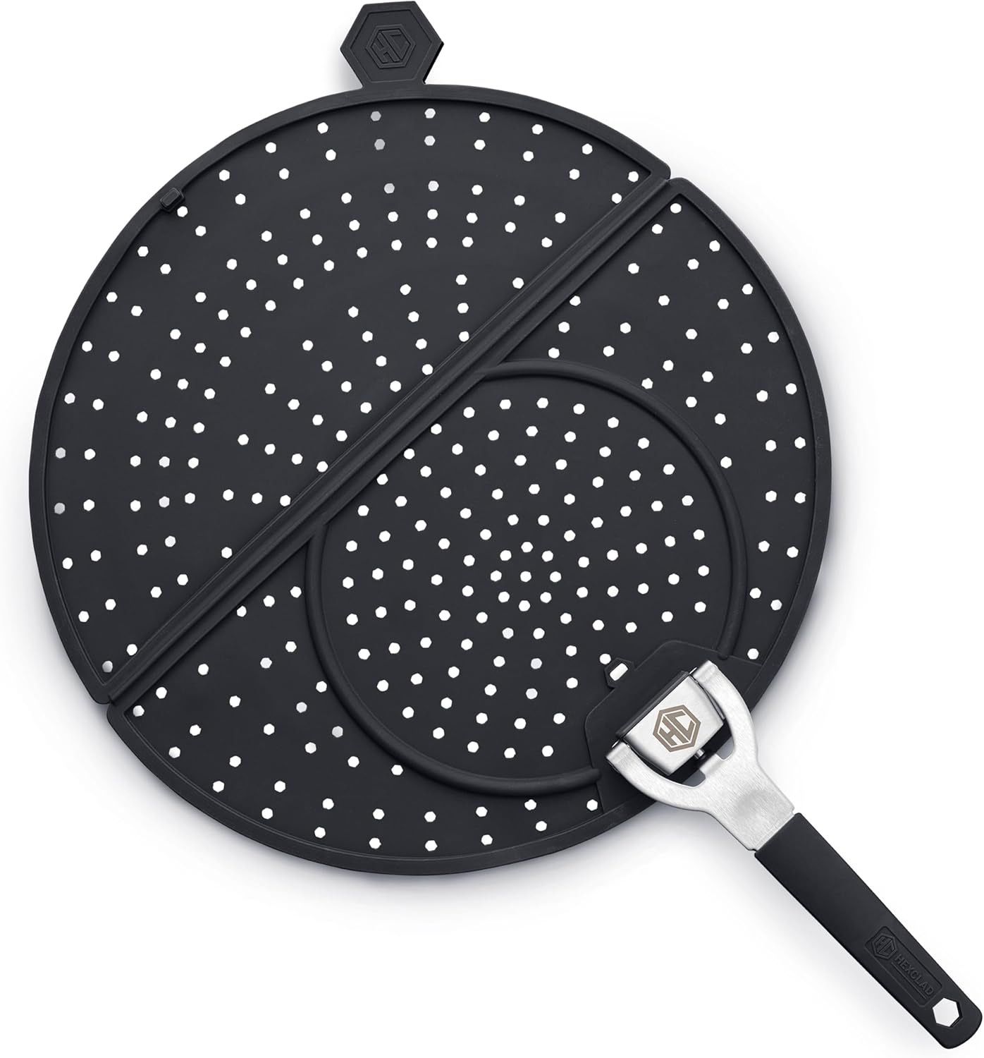 HexClad Grease Splatter Screen for Frying and Searing, Fits HexClad’s 10 and 12-inch Pans, Dishwasher-Safe, Folding Design, Heat-Safe to 480°F, Stay-Cool Locking Handle, Silicone and Stainless Steel