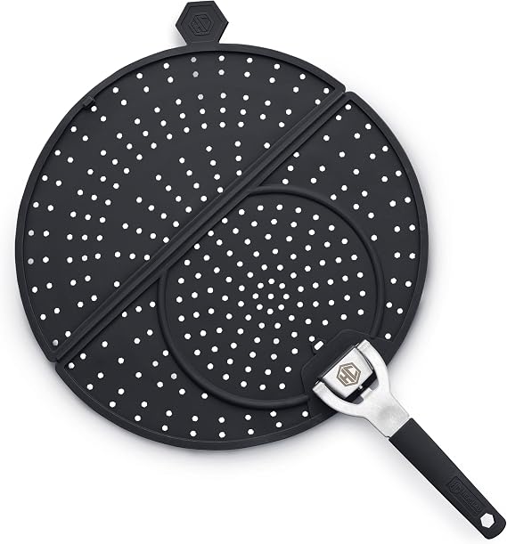 HexClad Grease Splatter Screen for Frying and Searing, Fits 10 and 12-inch Pans, Dishwasher-Safe, Folding Design, Heat-Safe to 480F, Stay-Cool Locking Handle, Silicone and Stainless Steel