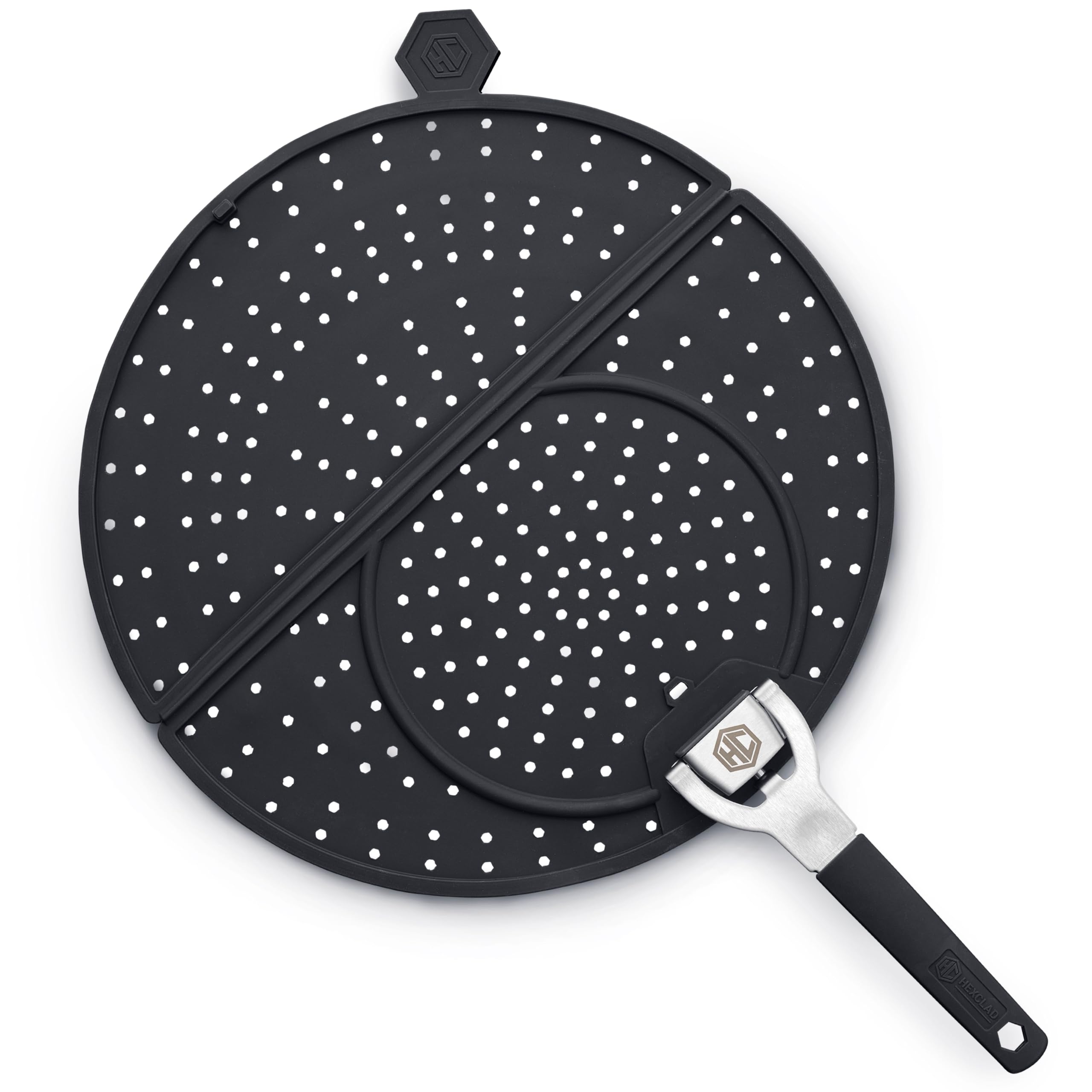 hexclad grease splatter screen for frying and searing fits hexclads 10 and 12-inch pans dishwasher-safe folding design heat-safe to 480f stay-cool locking handle silicone and stainless steel