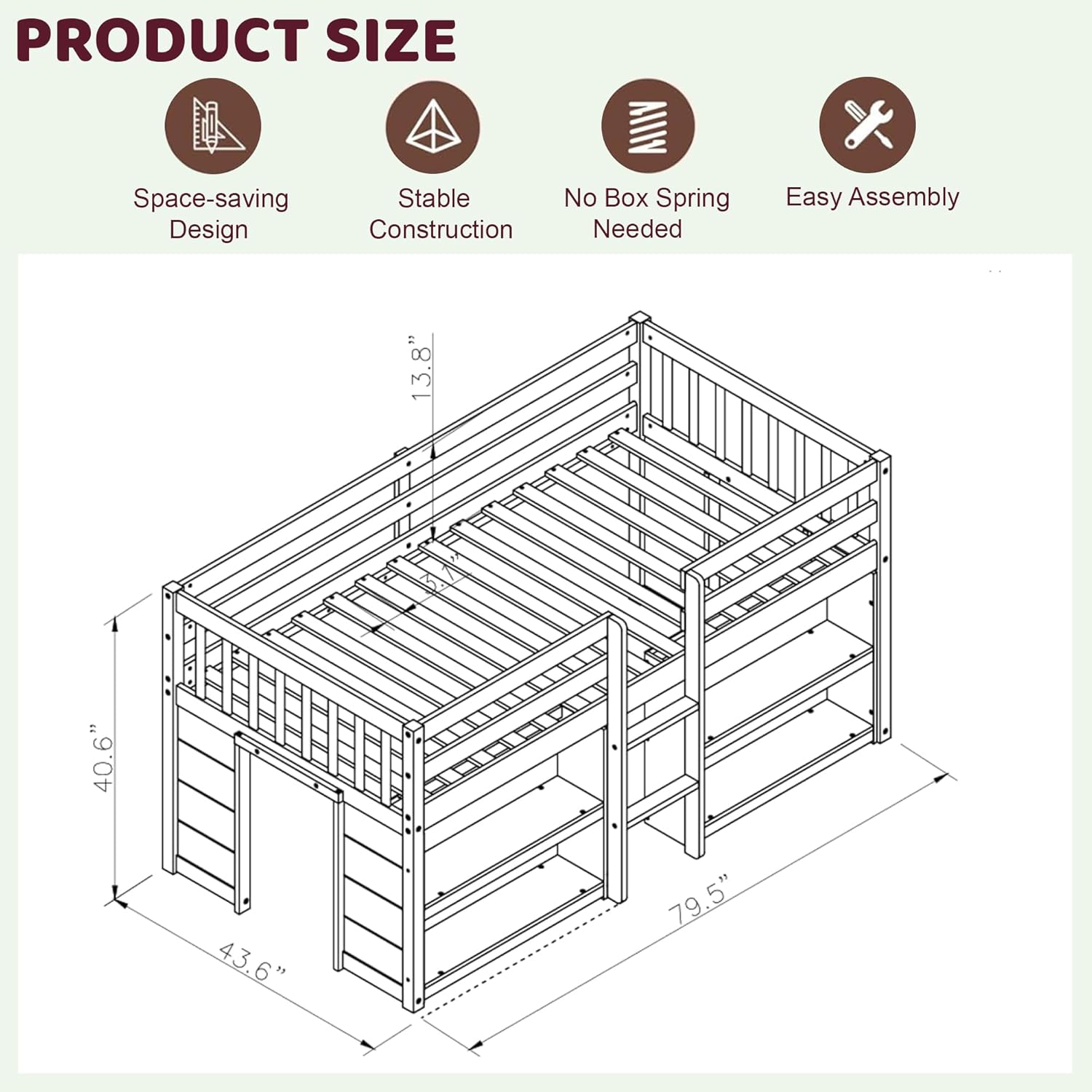 Twin Size Low Loft Bed with Storage Shelves, LED Light, Grey