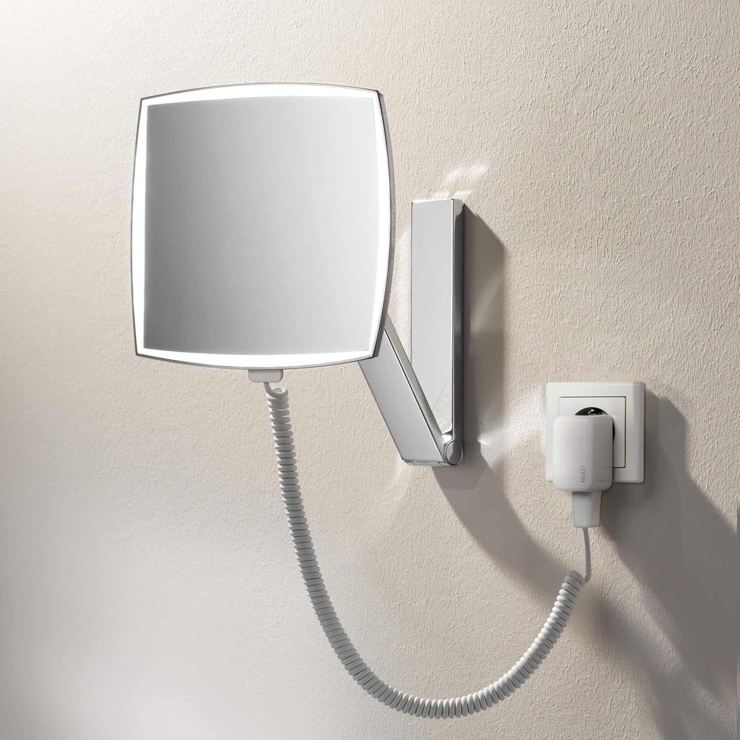 Keuco iLook_Move Wall Vanity Mirror with Swivel Arm LED Lighting 5X Magnification Plug Transformer 20 x 20 cm Square Chrome