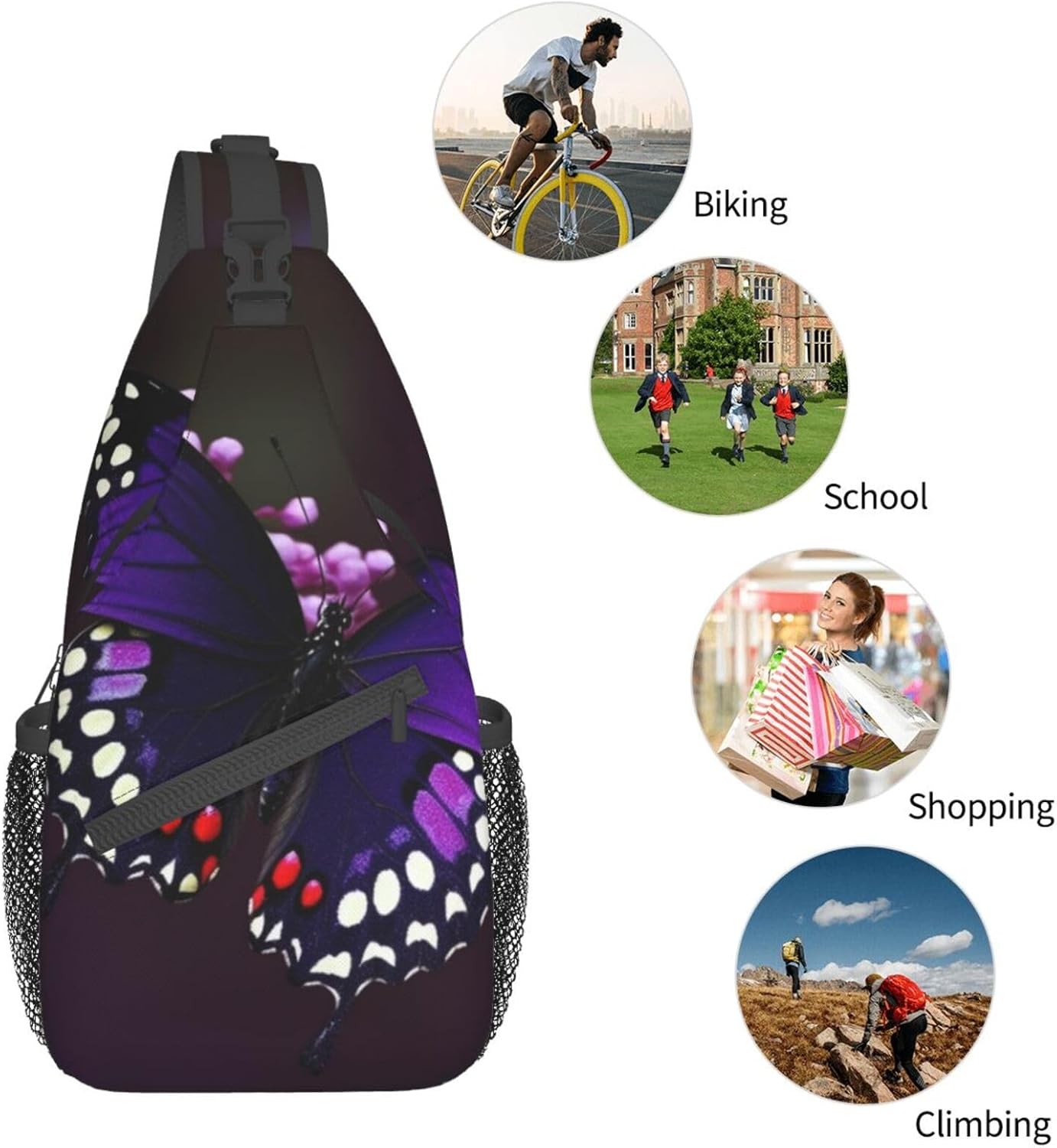 Purple plum butterfly Print Cross Chest Bag Sling Backpack Crossbody Shoulder Bag Travel Hiking Daypack Unisex
